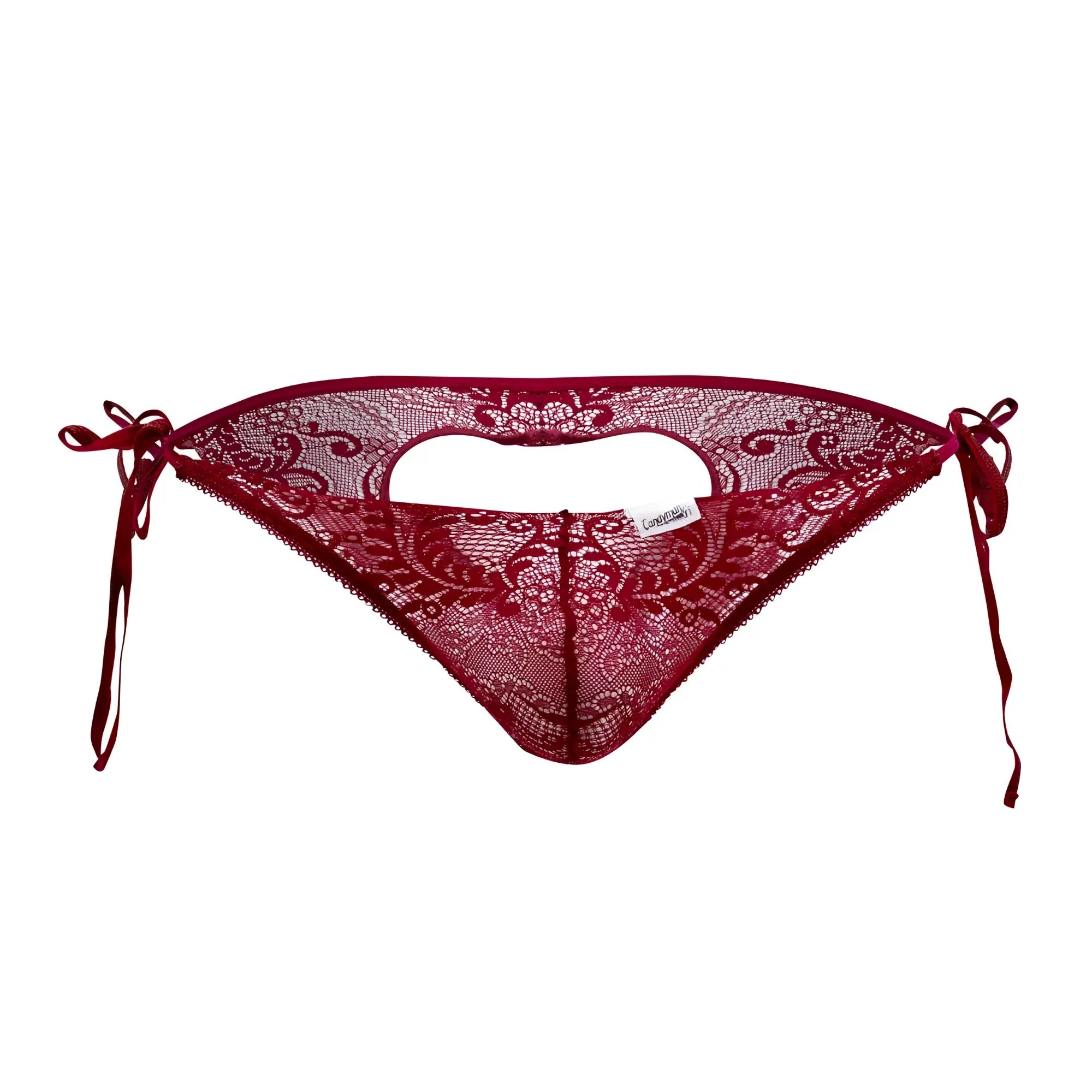 CandyMan 99579 lace heart bikini bottom in deep red with intricate floral lace and tied side ties in burgundy color