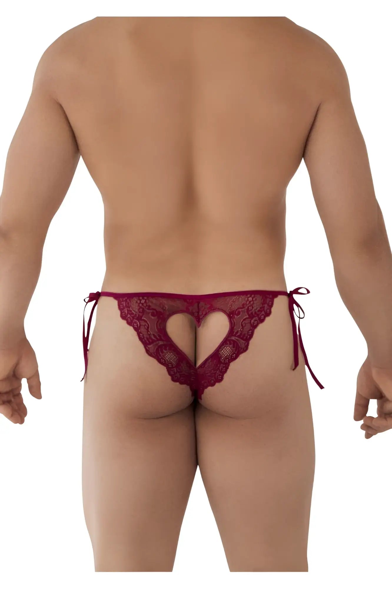 Deep red lace thong burgundy with heart-shaped cutout and tied side strings candy man 99579 lace heart bikini