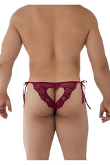 Deep red lace thong burgundy with heart-shaped cutout and tied side strings candy man 99579 lace heart bikini