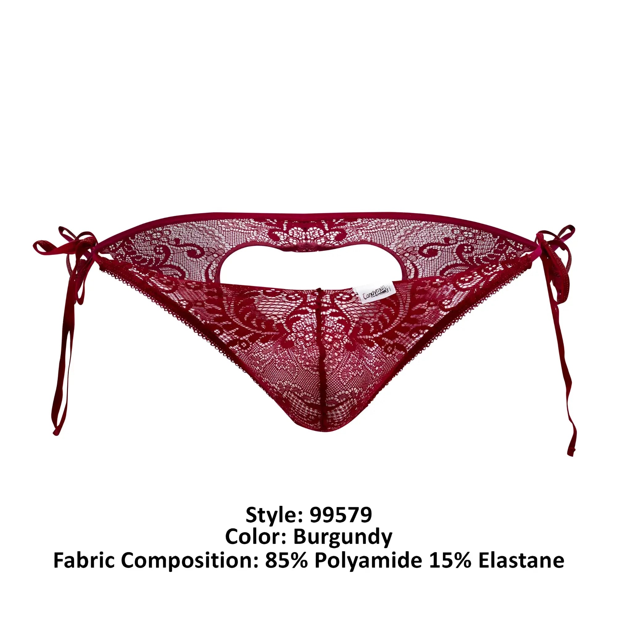 Burgundy lace bikini bottom candyMan 99579 with intricate floral patterns and adjustable side ties shown from the back