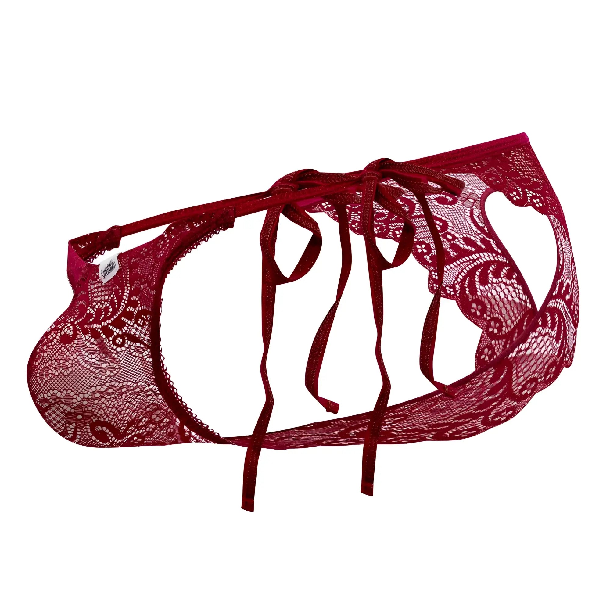 Red lace thong candy man 99579 with intricate floral patterns adjustable ties in burgundy color front view