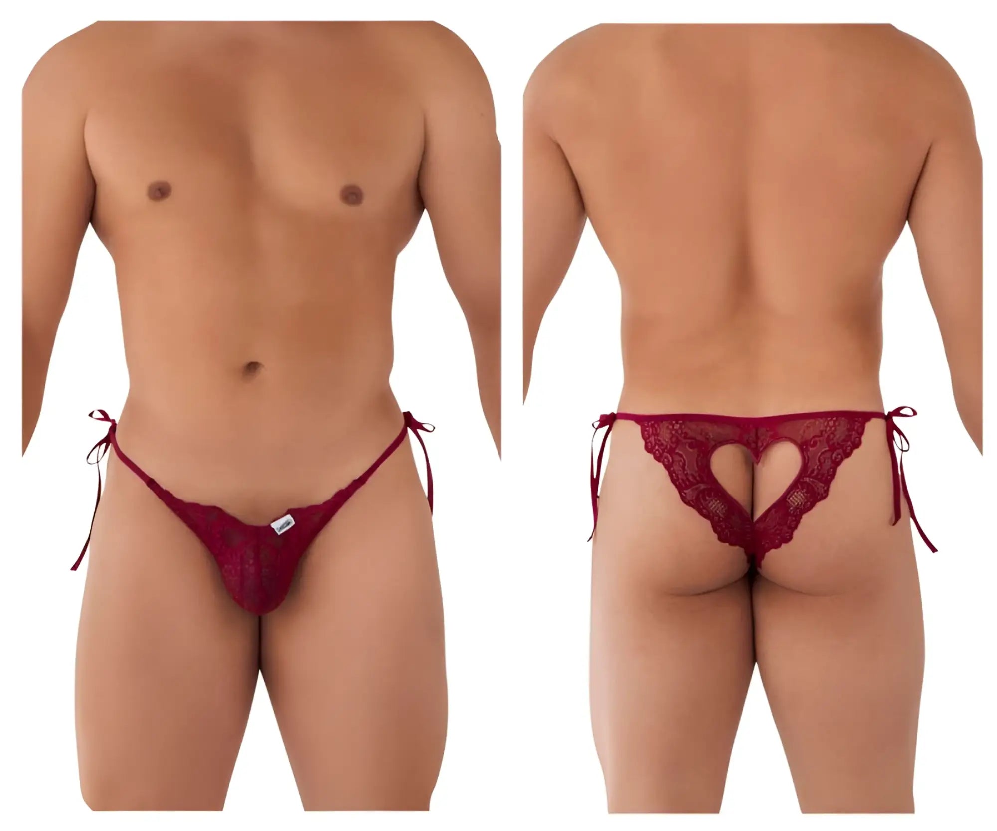 Red lace thong with heart-shaped cutout and tied side strings in burgundy from candyman 99579 lace heart bikini