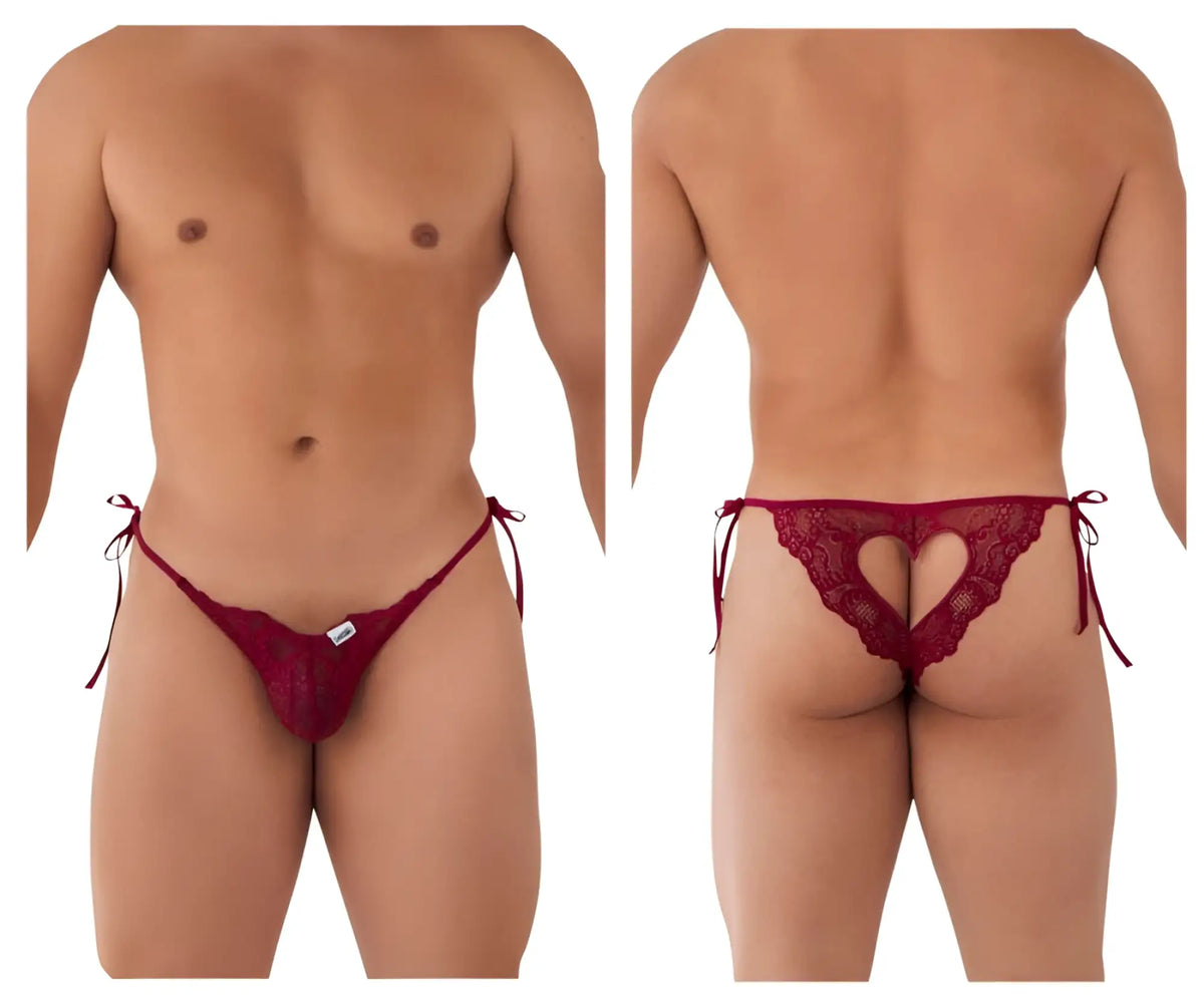 Red lace thong with heart-shaped cutout and tied side strings in burgundy from candyman 99579 lace heart bikini