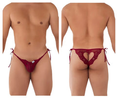 Red lace thong with heart-shaped cutout and tied side strings in burgundy from candyman 99579 lace heart bikini