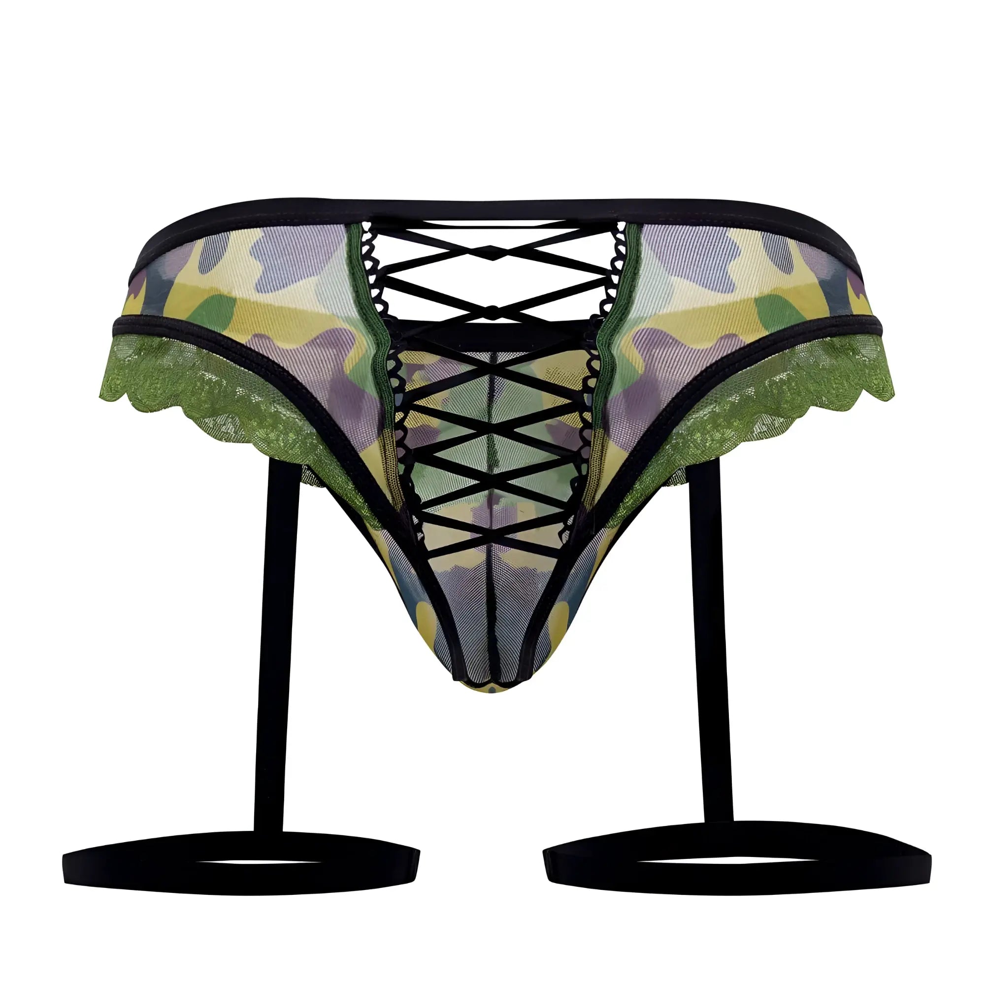 CandyMan 99580X garter camo thong in green featuring camouflage lace-trimmed garter belt with black crisscross lacing and adjustable straps