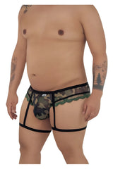 CandyMan 99580X garter camo thongs in green camouflage with black lace trim and supportive straps for men