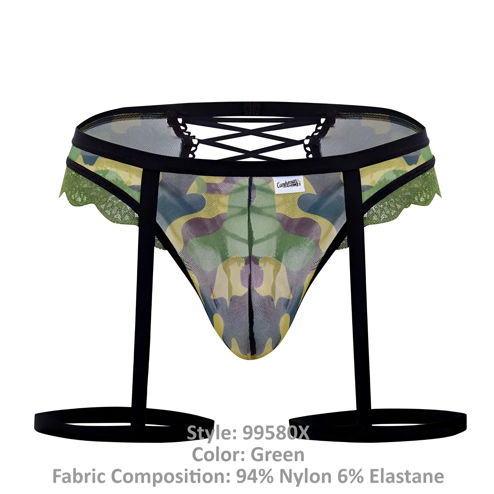 Green candy man 99580x camo mesh briefs with black lace trim and adjustable straps shown from the back side