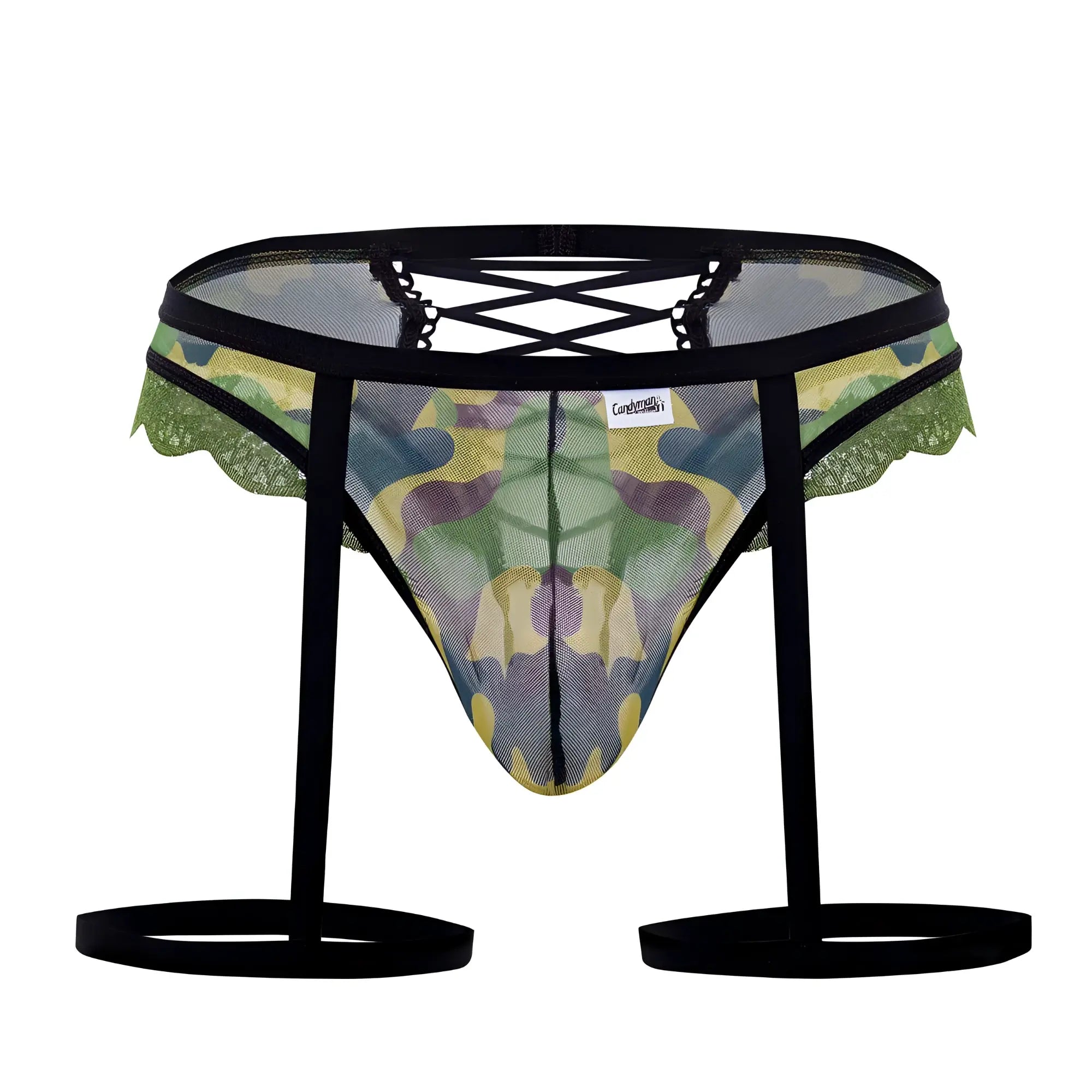 CandyMan 99580X garter camo thongs green mesh briefs with black lace trim and adjustable straps front view