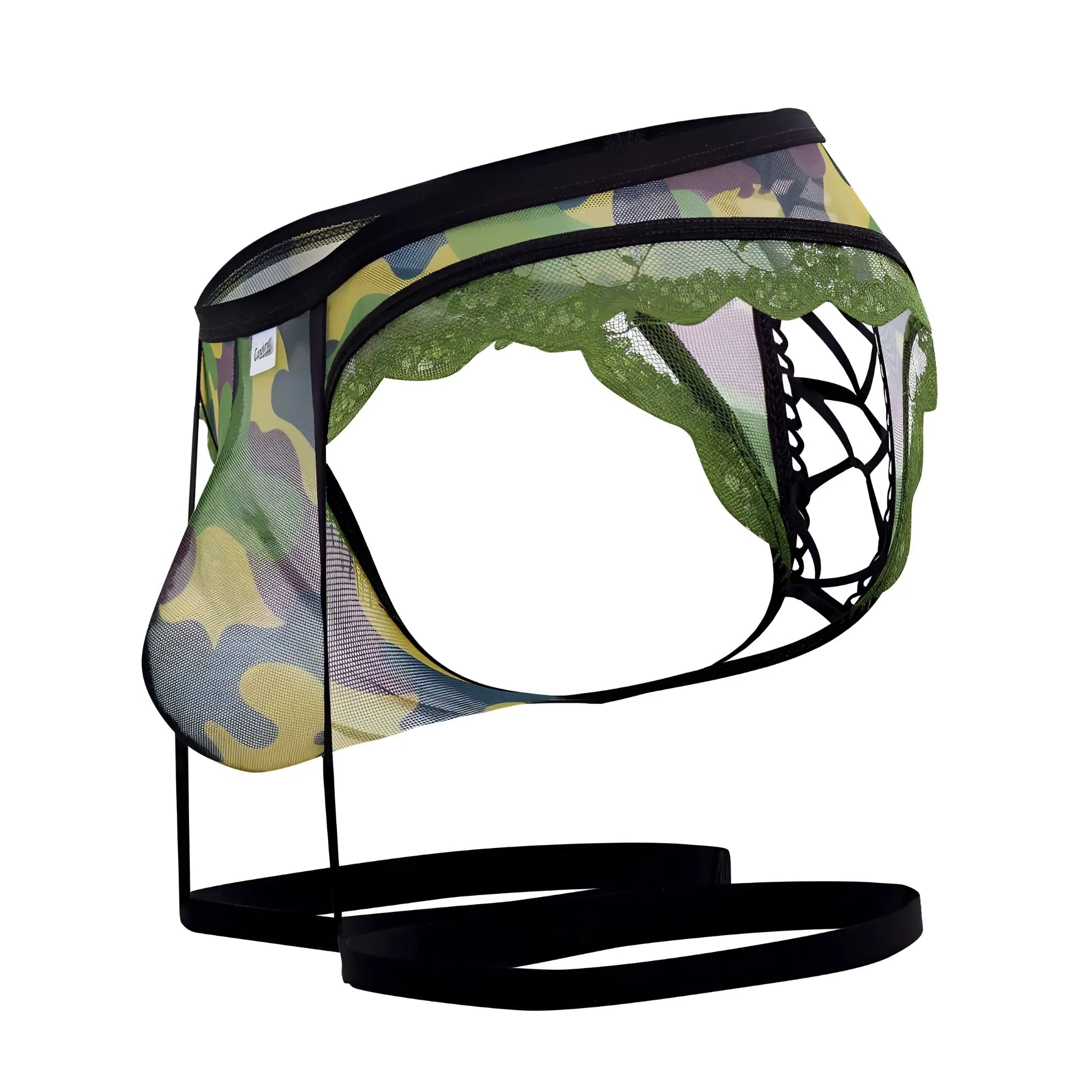 Candayman 99580x garter camo thongs in green mesh with black lace trim and adjustable straps shown from the back