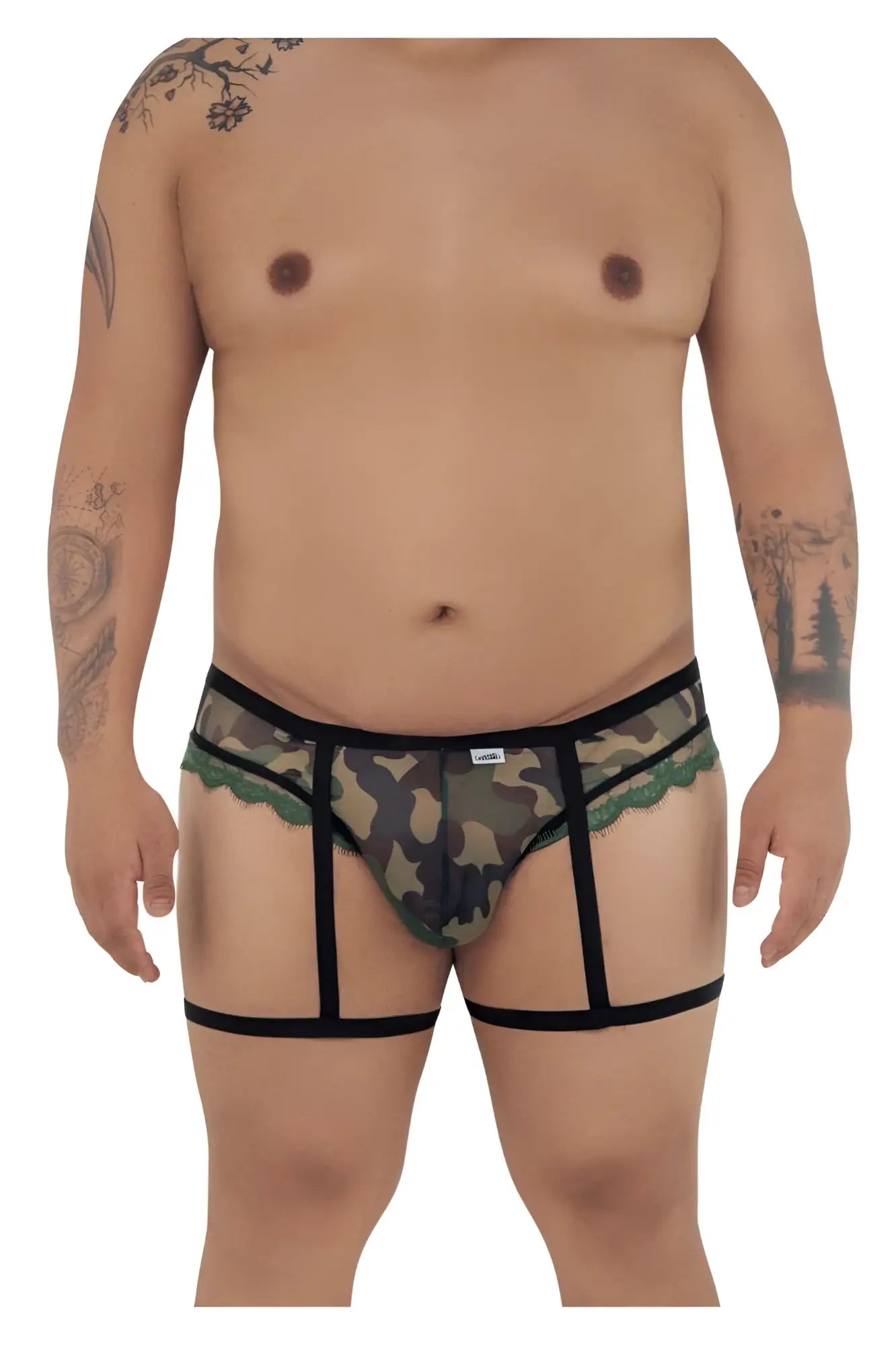 CandyMan 99580X garter camo thongs in green transparent camouflage briefs with black lace trim and straps