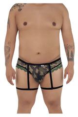 CandyMan 99580X garter camo thongs in green transparent camouflage briefs with black lace trim and straps