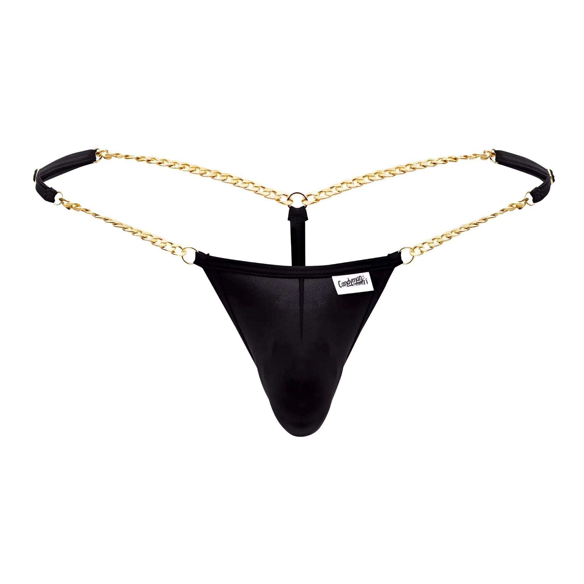 Black leather thong g-string with gold chain detailing and black fabric straps from candyman 99586 in black color