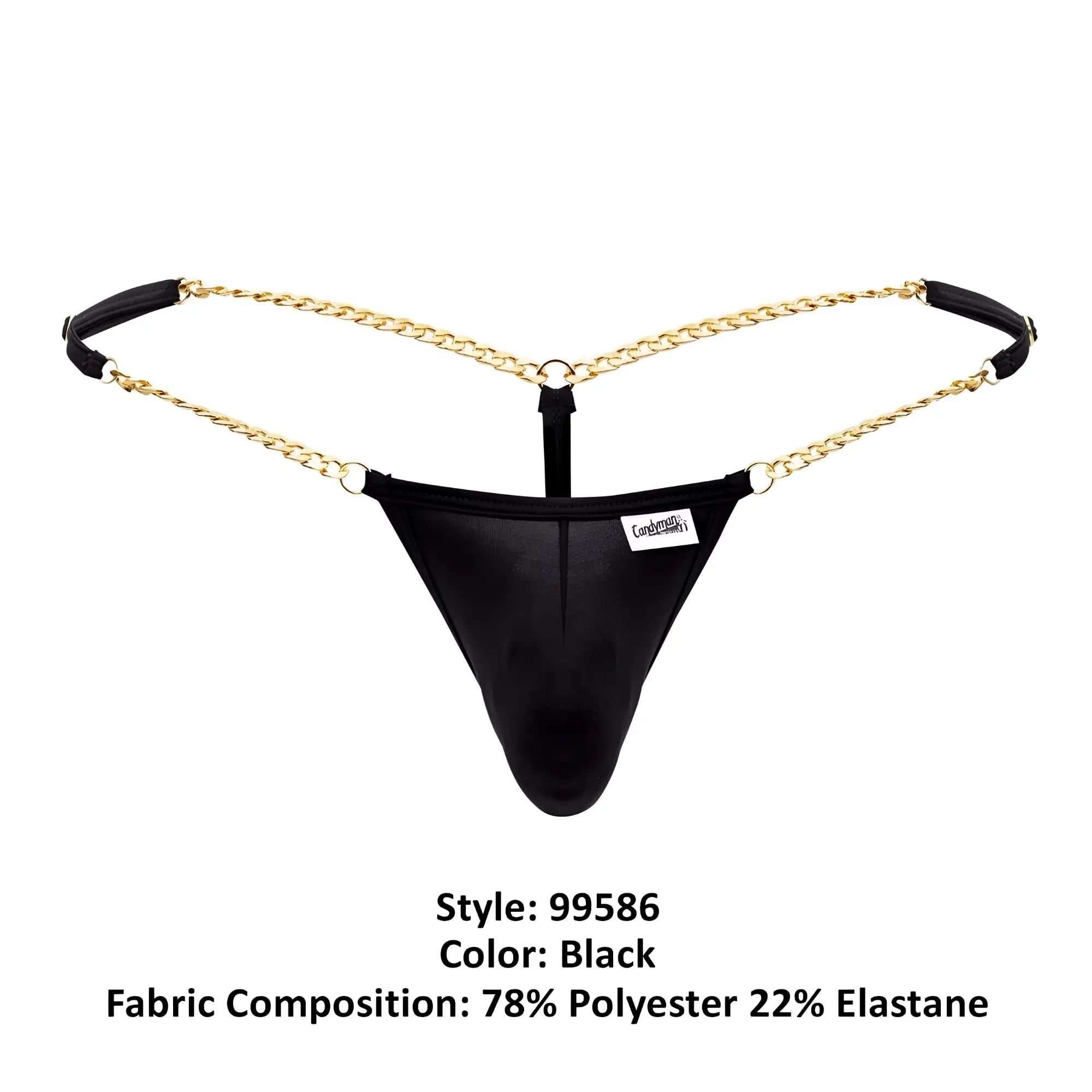 Black mesh thong g-string with gold chain straps and black fabric tabs candy man 99586 in black