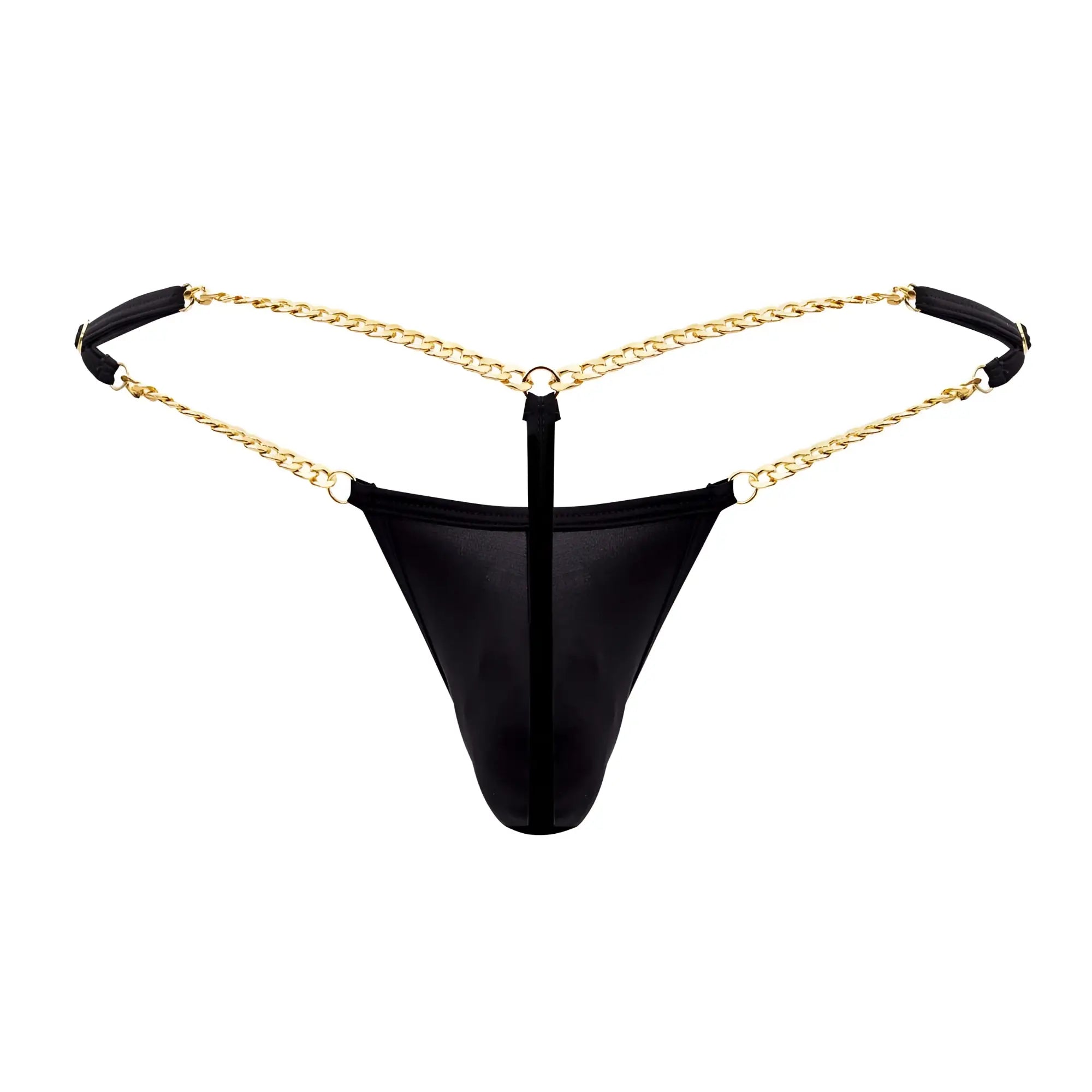 Black mesh thong candyMan 99586 chain g-string with gold chain straps and black padded ends visible from the back
