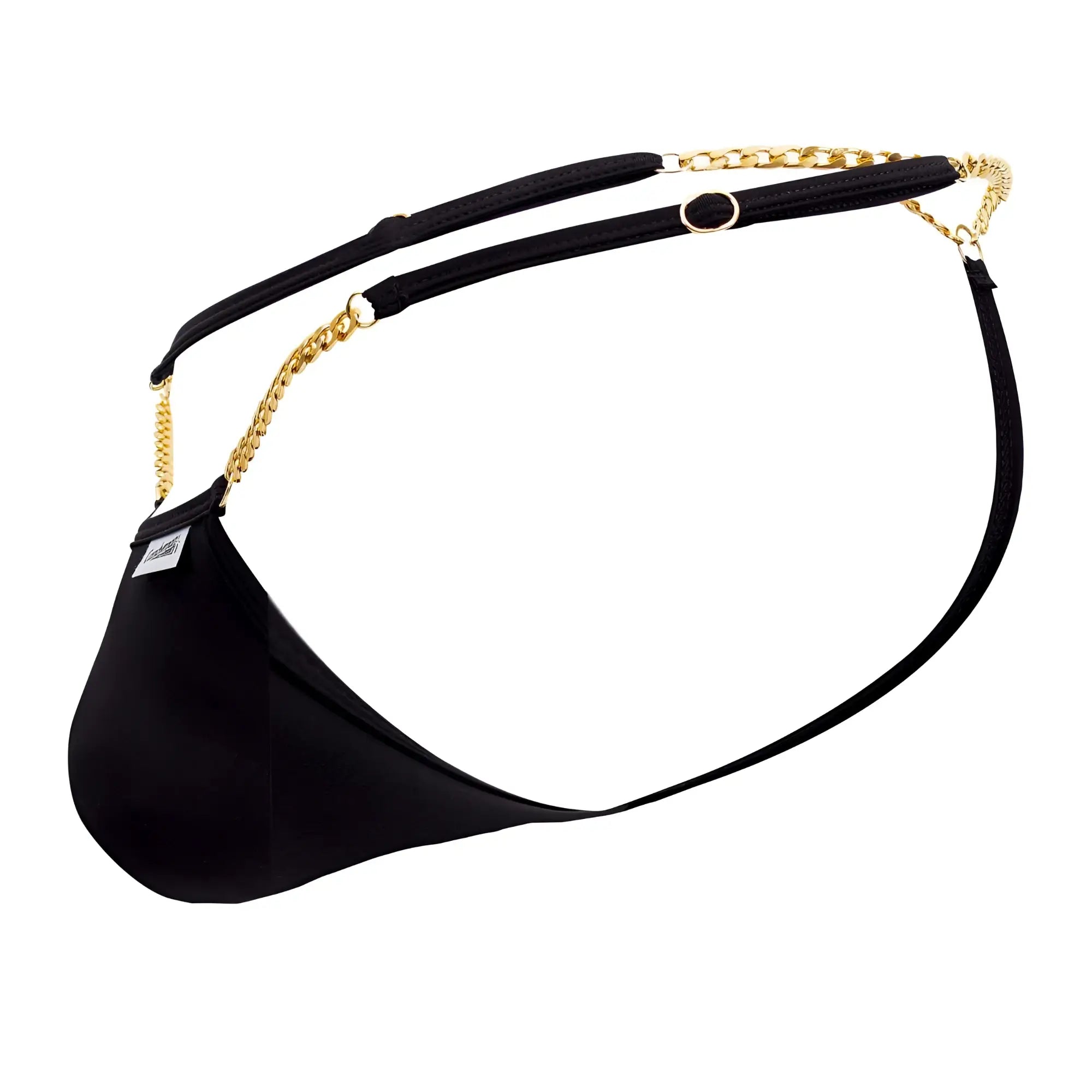 Black satin thong candyMan 99586 with gold-tone chain detailing and adjustable straps shown from the back side