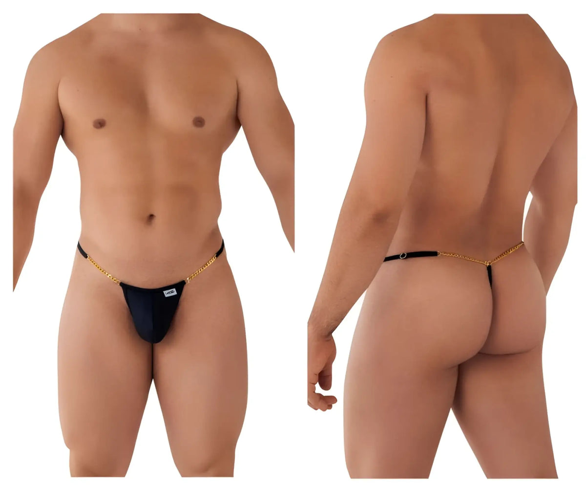 Black CandyMan 99586 chain g-string thong with gold chain detail showing back side of the product