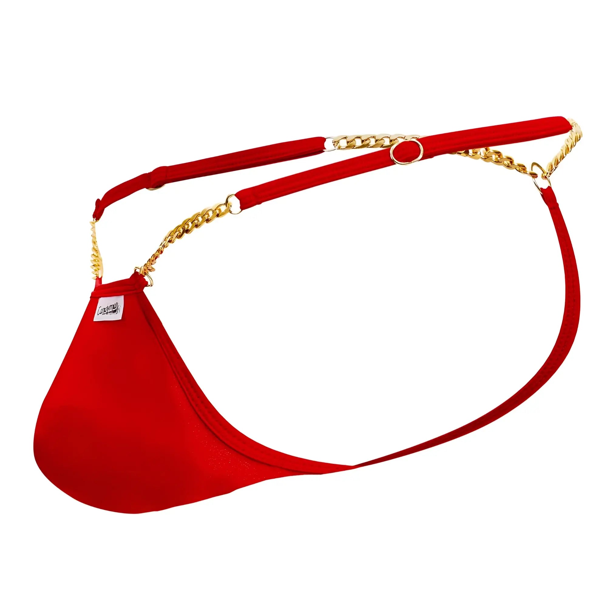 Red CandyMan 99586 chain g-string thong featuring gold chain straps and a small white label on red fabric