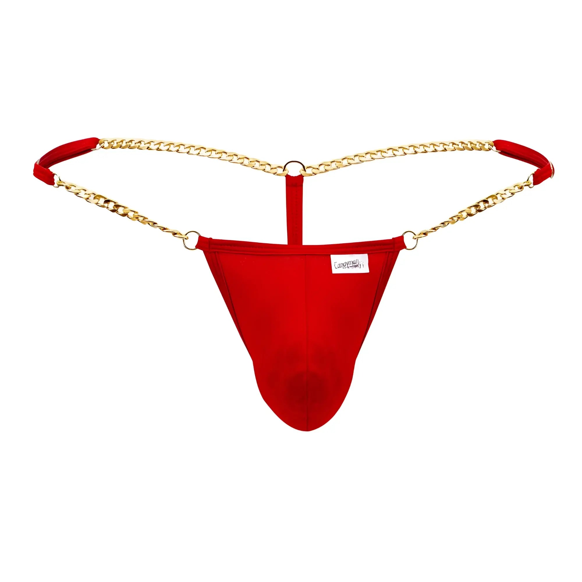 Red fabric CandyMan 99586 chain G-string with gold chain straps and red padded ends shown from the back side