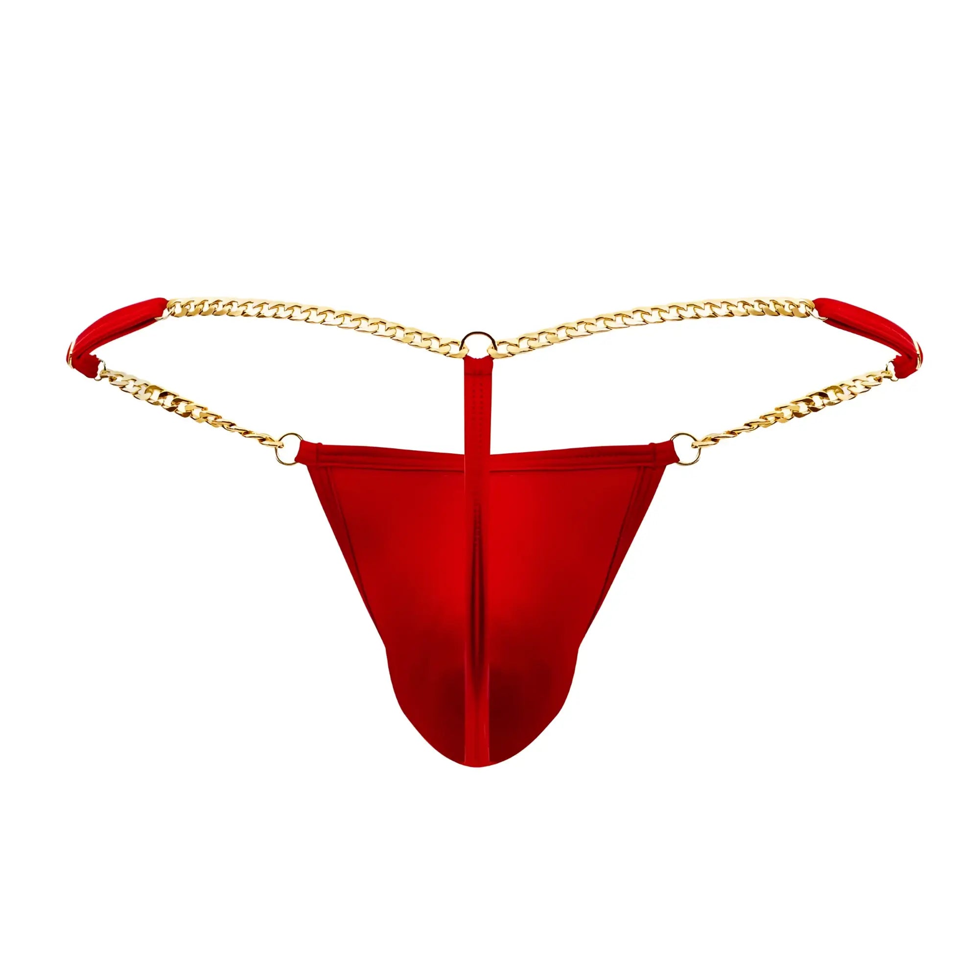 Red satin thong g string with gold chain detailing and red fabric loops candy man 99586 in red shown from back