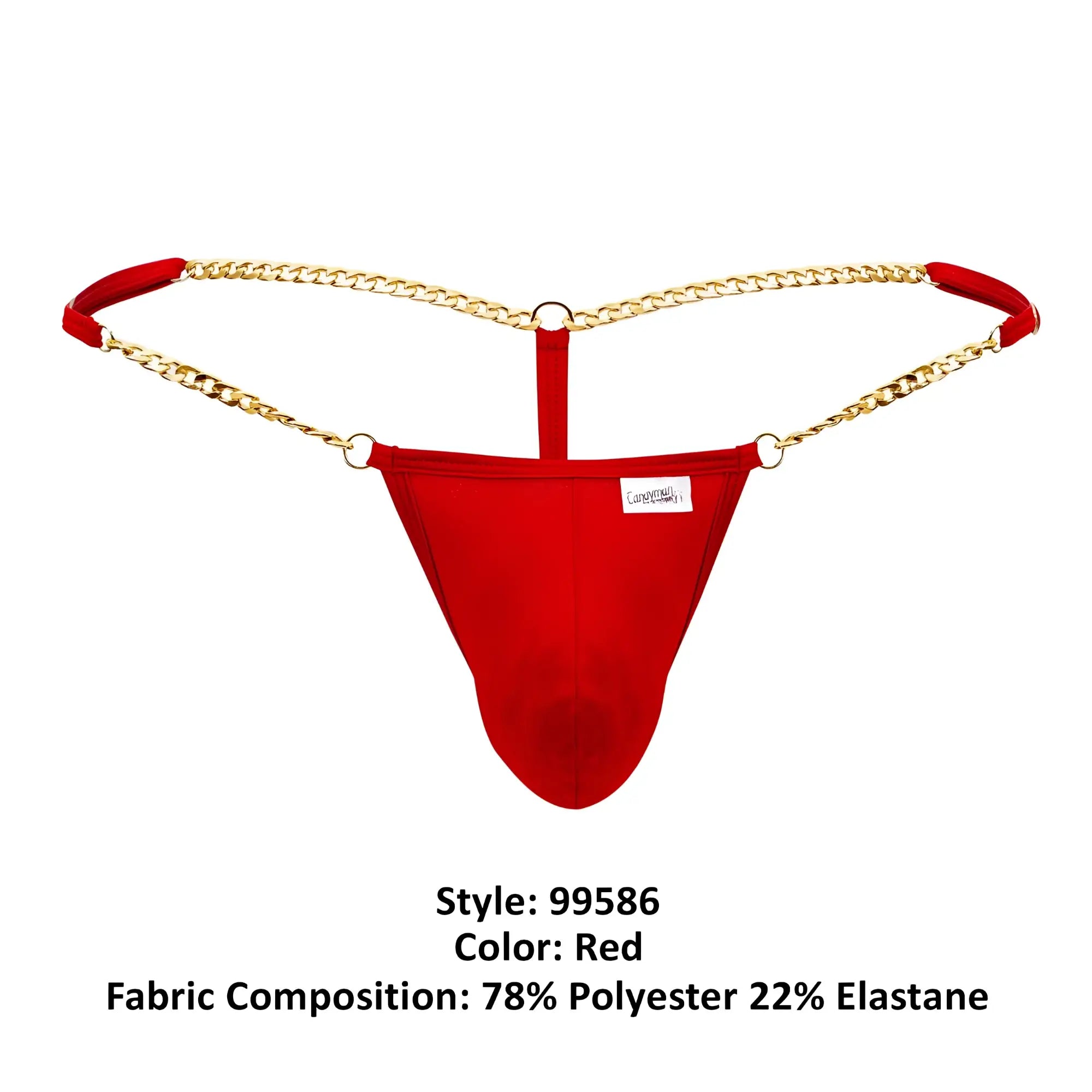 Red thong g-string with gold chain detailing and red fabric straps from candyman 99586 shown from the back side