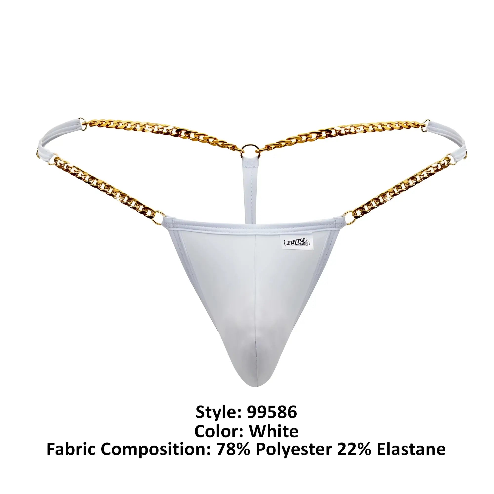 White thong g-string with gold chain detailing from candyman 99586 collection shown from the back side