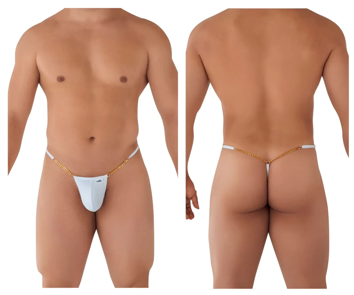 White thong g-string with gold chain detailing showing the back side from candyman 99586 chain g-string collection