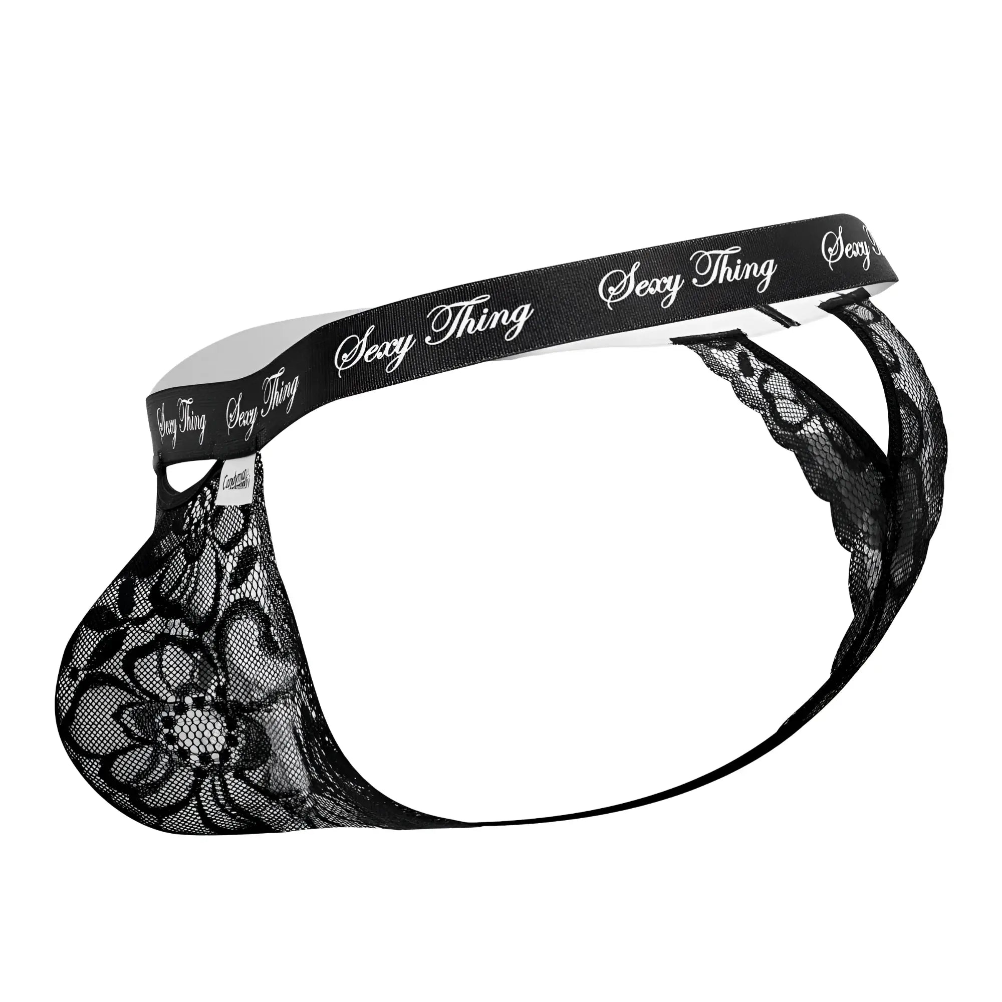 Black lace men’s thong with floral pattern and sexy thing branded waistband by candyman 99594 in black