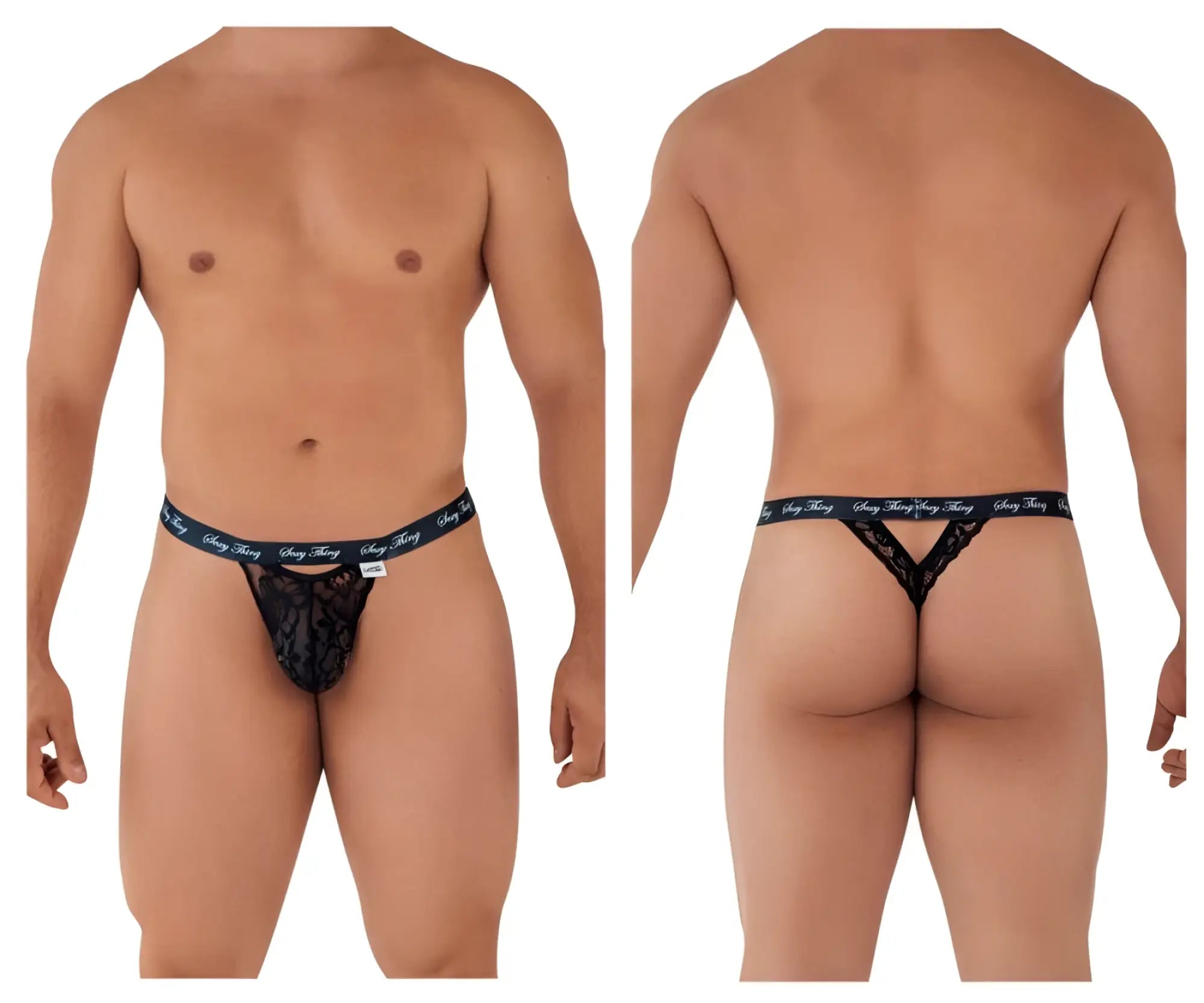 Black lace thong with branded elastic waistband from candyman 99594 sexy thing lace thongs in black showing back side
