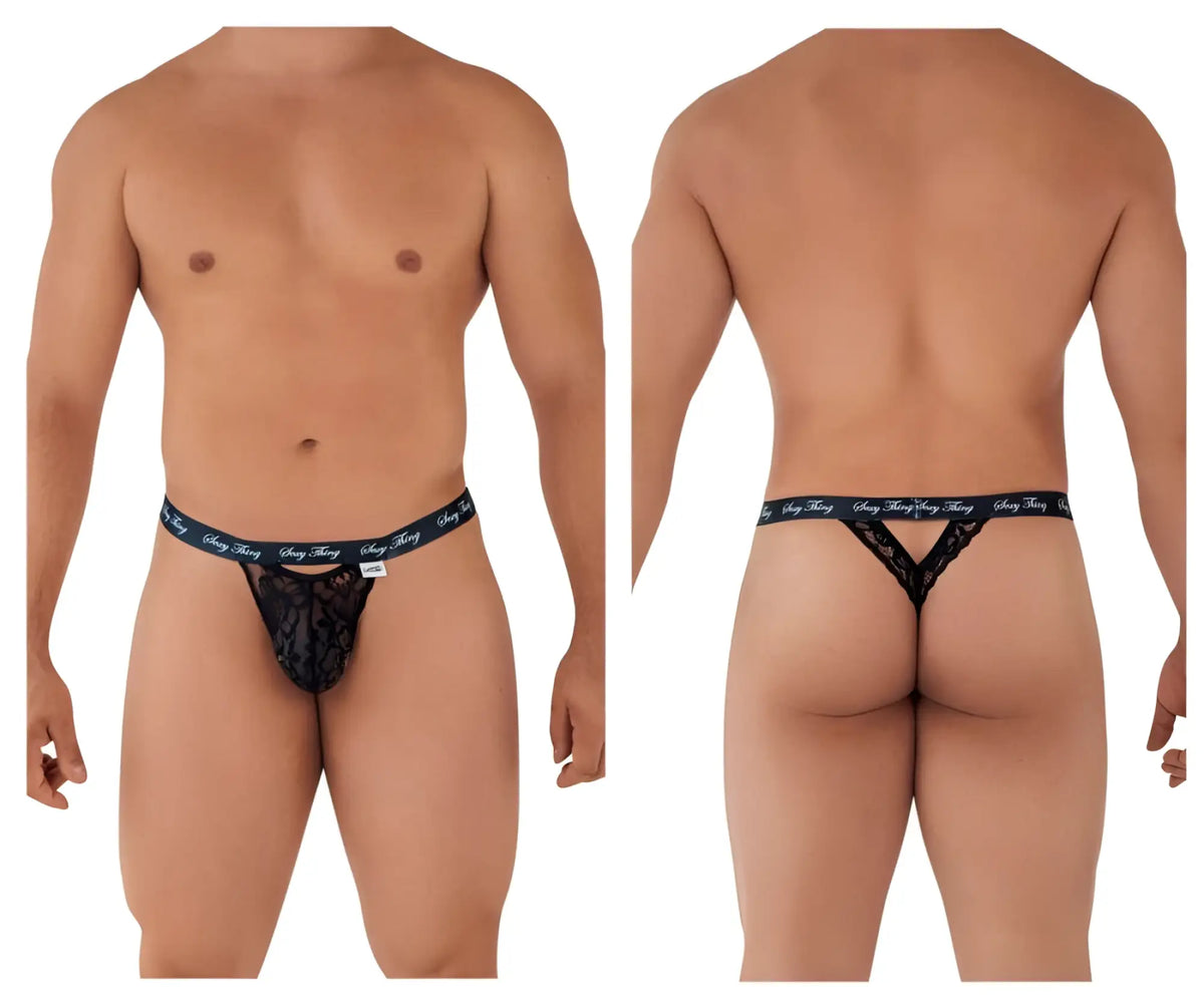 Black lace thong with branded elastic waistband from candyman 99594 sexy thing lace thongs in black showing back side