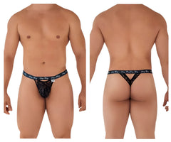 Black lace thong with branded elastic waistband from candyman 99594 sexy thing lace thongs in black showing back side