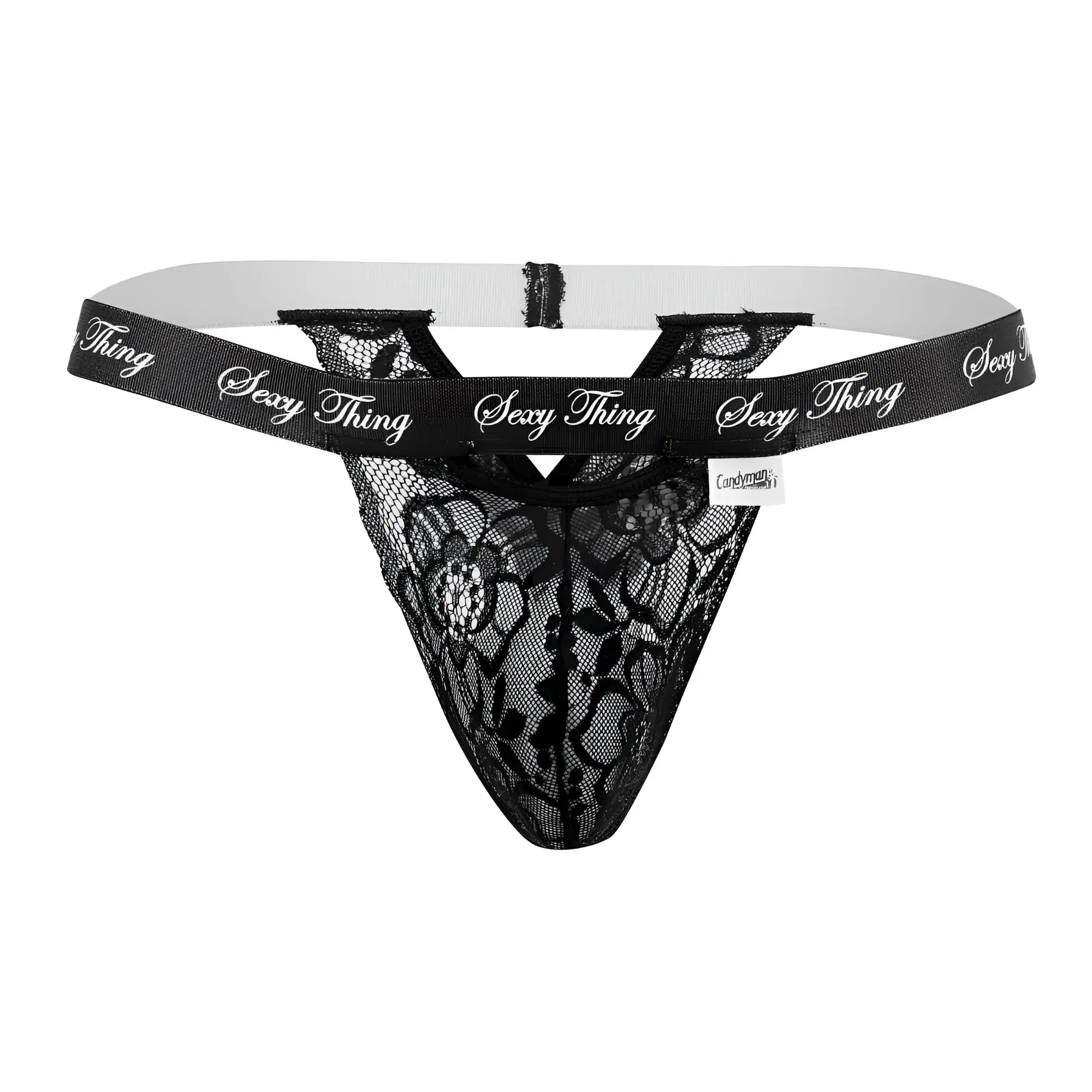 Black lace thong with sexy thing branding on waistband from Candyman 99594 in black lace material
