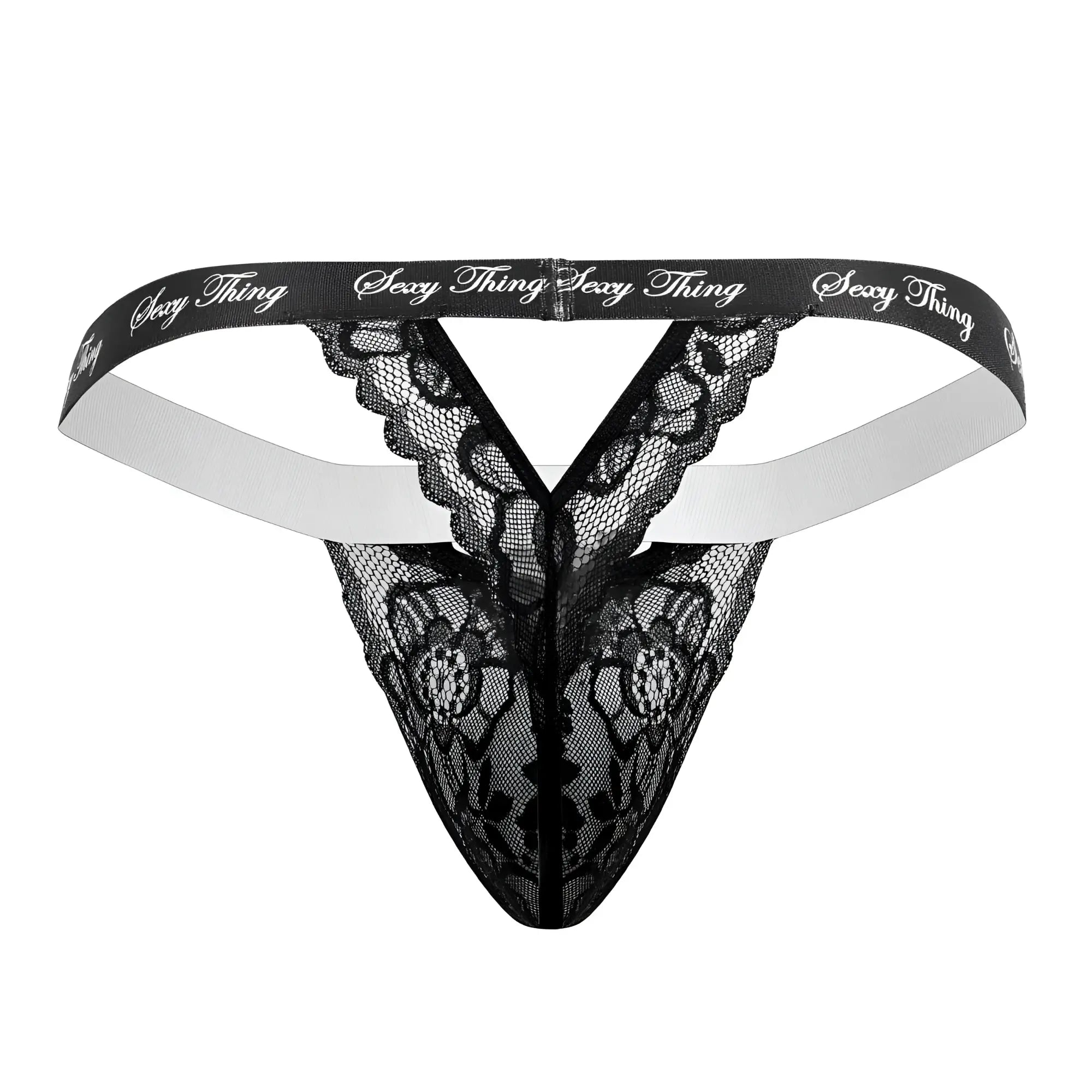 Black lace thong with white elastic waistband and sexy thing branding from Candyman 99594 collection