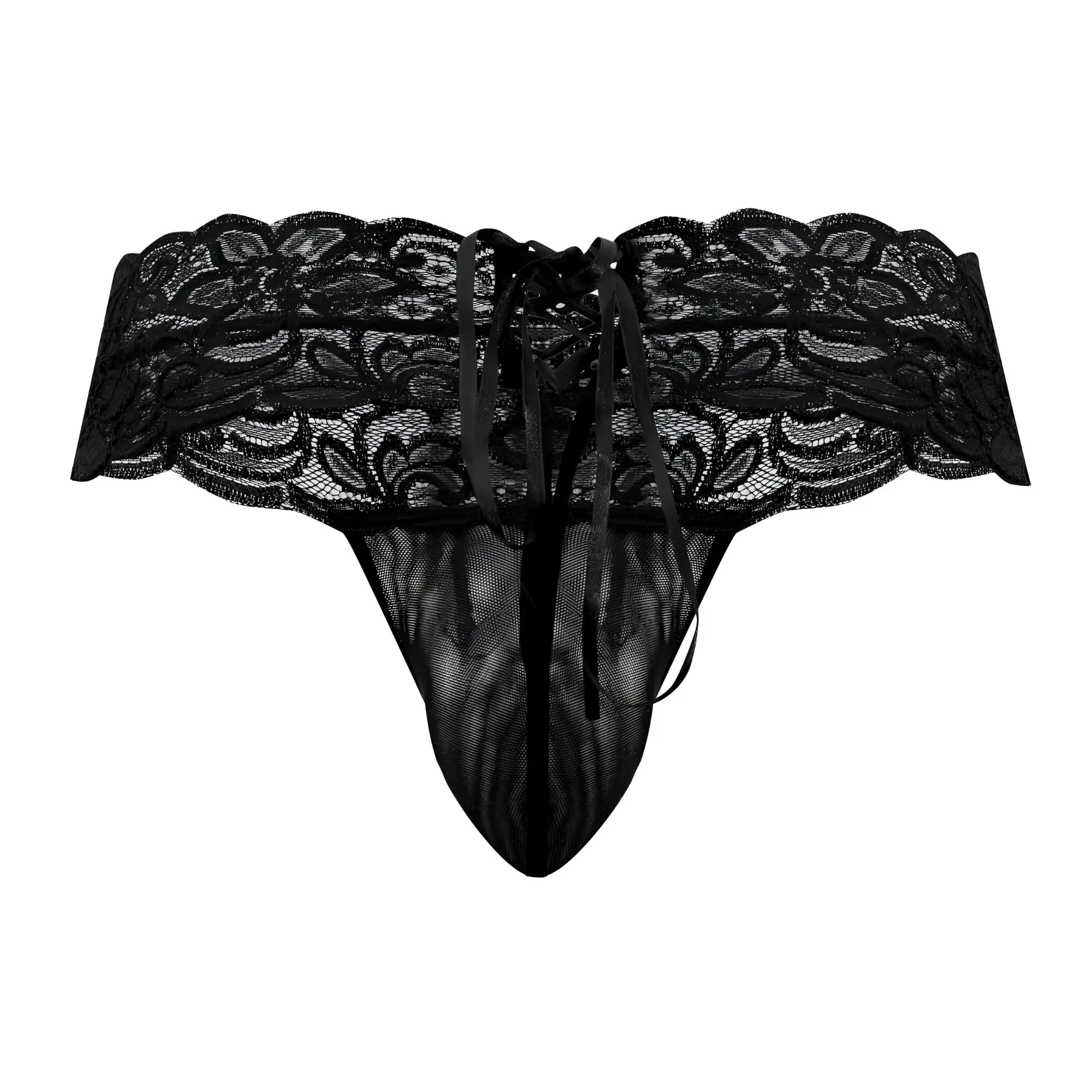 Black candyMan 99595 lace thong with intricate floral patterns and a tied waistband in front view