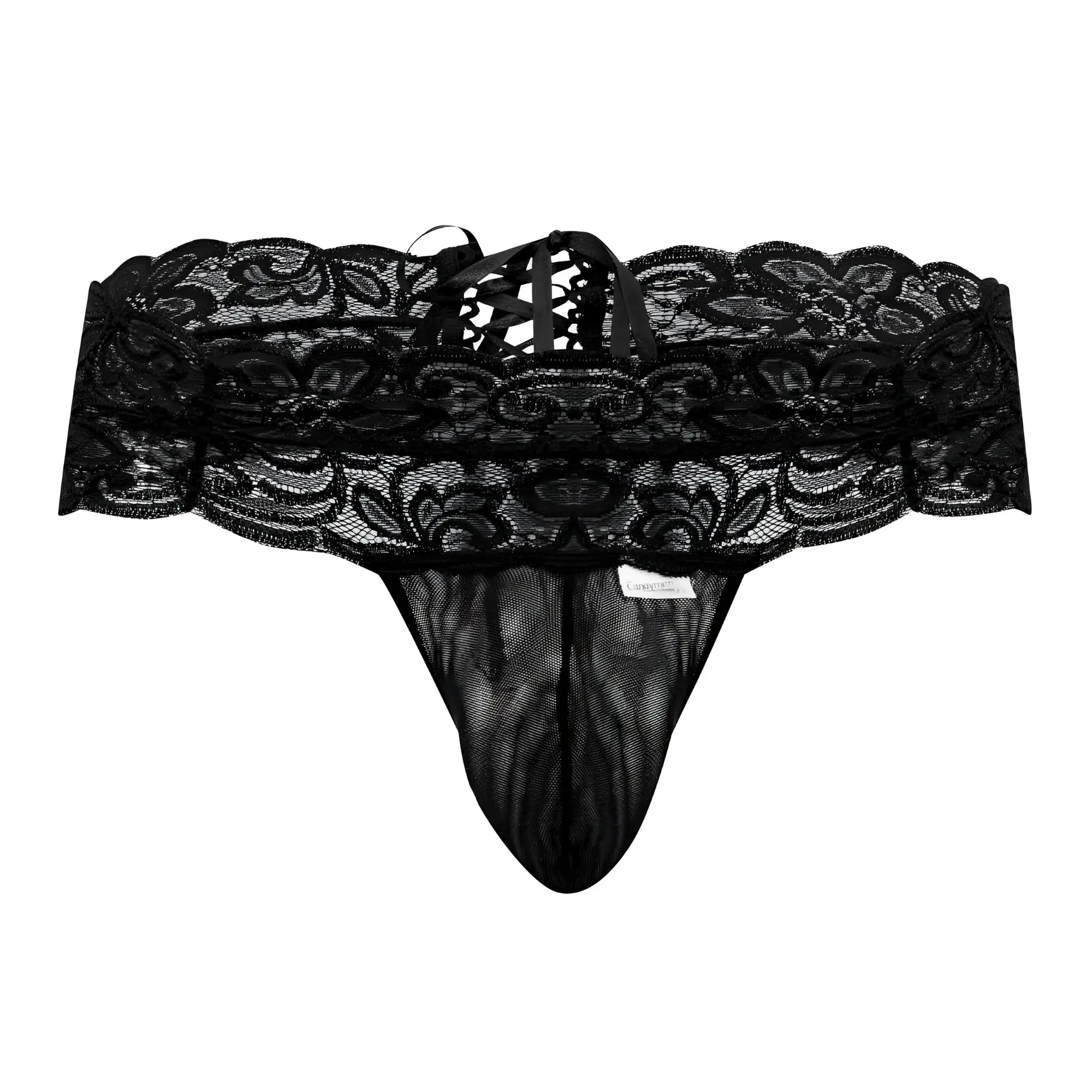 Black lace thong candyMan 99595 with intricate floral patterns and mesh front in black color