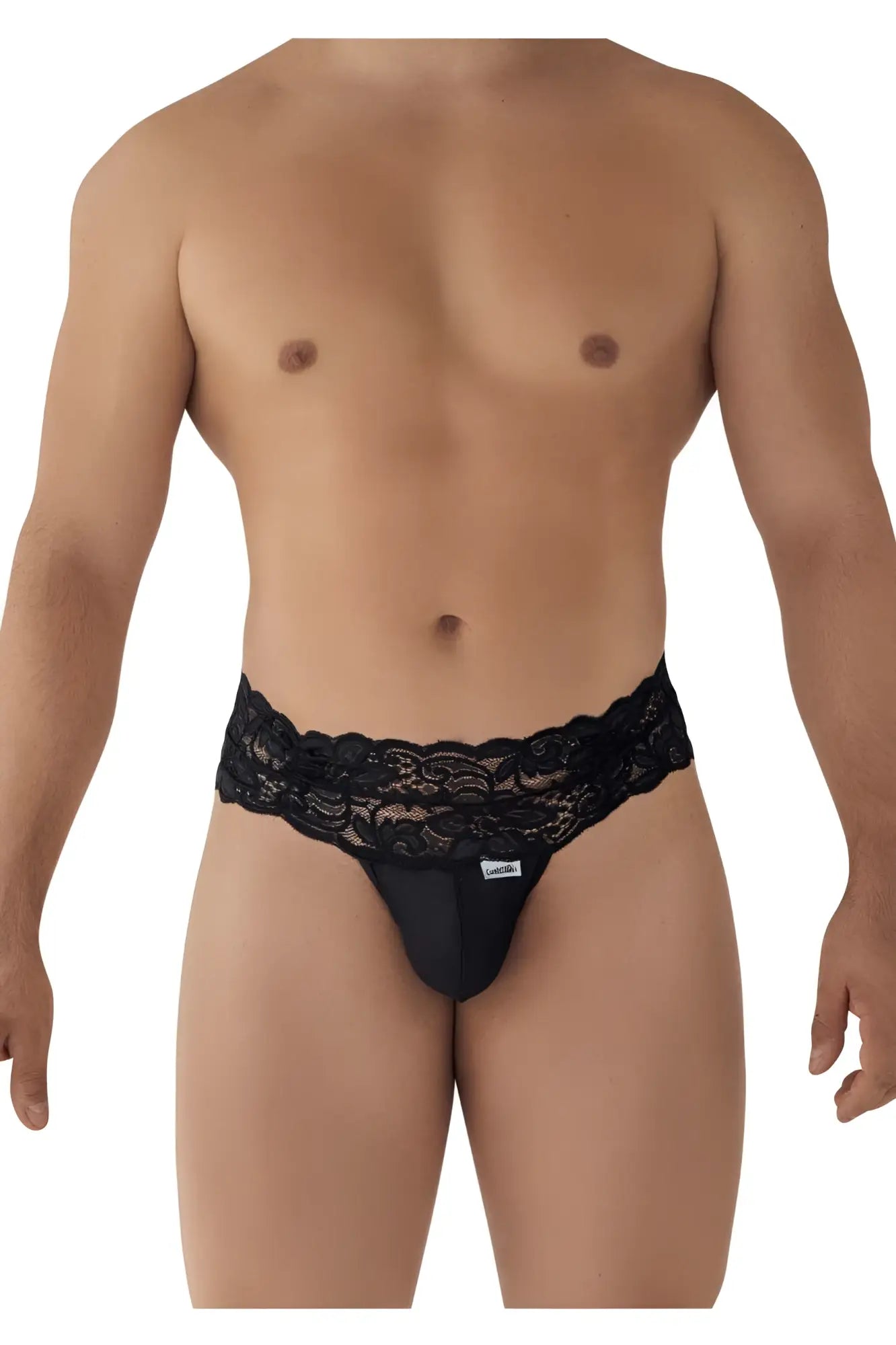 Black lace-trimmed men’s thong candyMan 99595 with sleek form-fitting design in black lace material