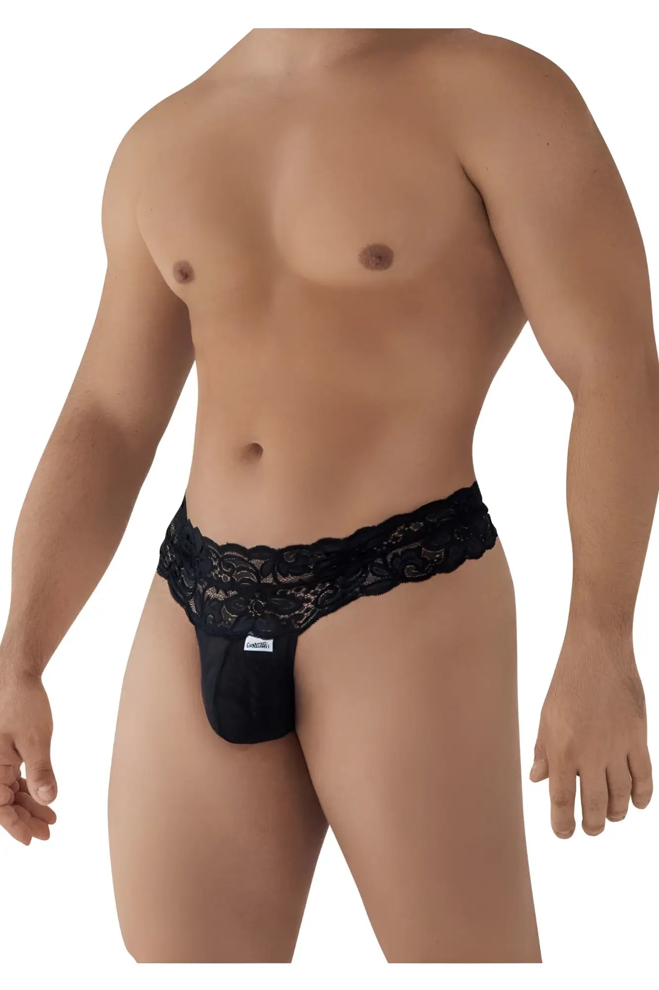 Black lace-trimmed men’s thong with solid fabric body and embroidered brand tag by candyman 99595 in black