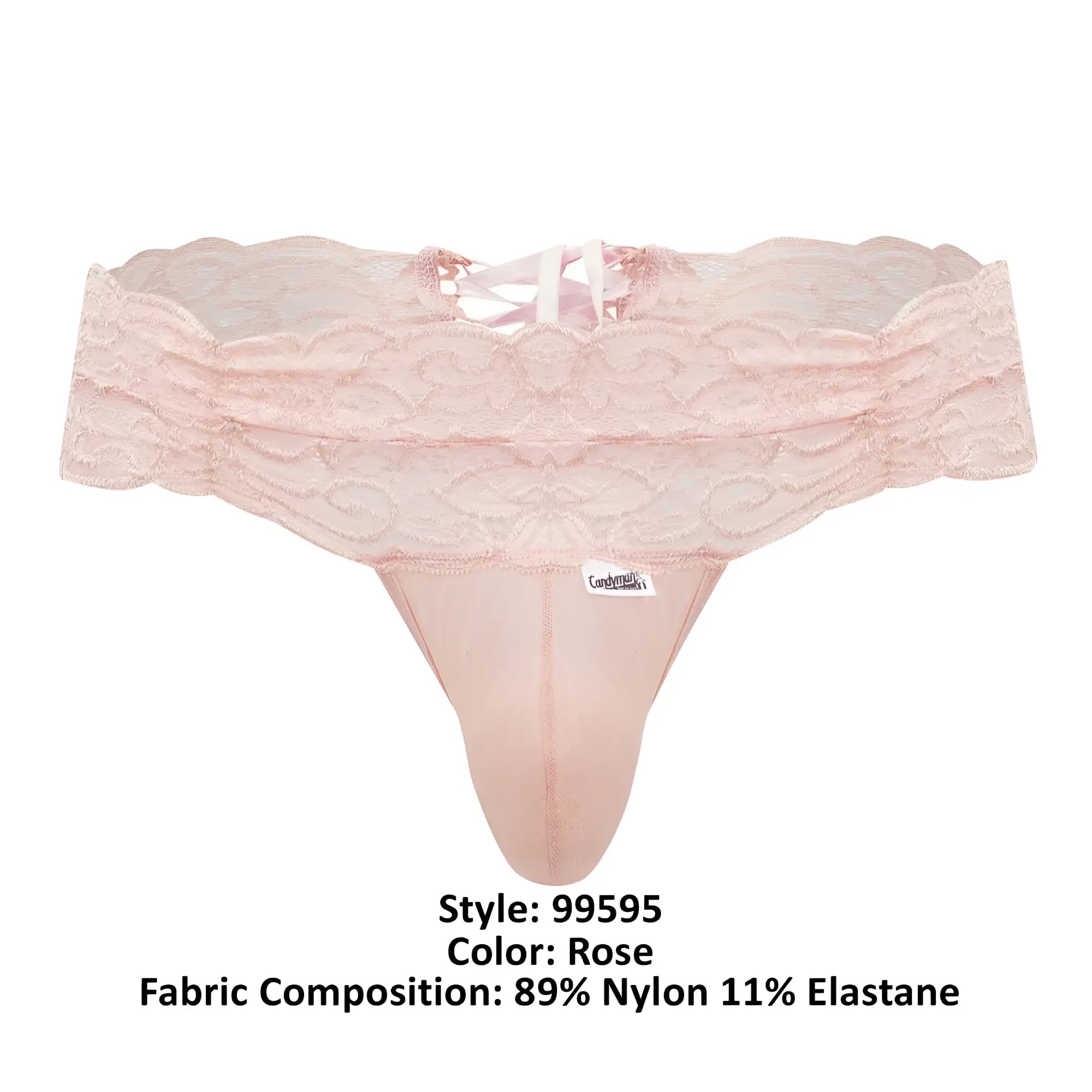 Rose-colored CandyMan 99595 lace thong made of sheer nylon and elastane blend showing the back side