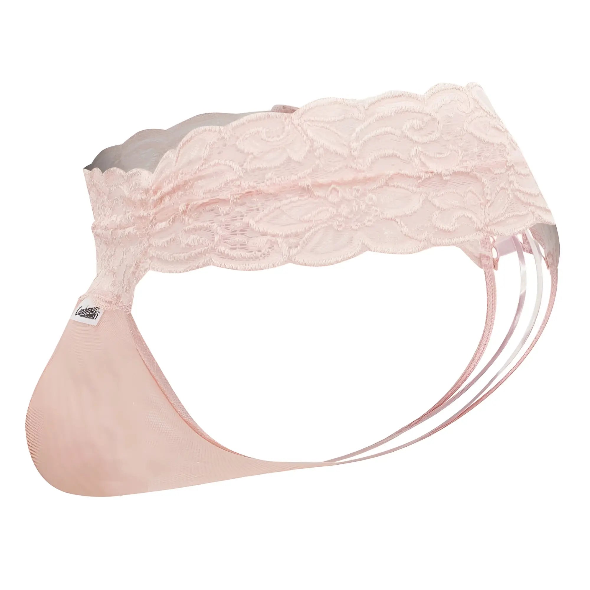 A delicate pink lace thong with scalloped edge and thin translucent straps from candyman in rose color
