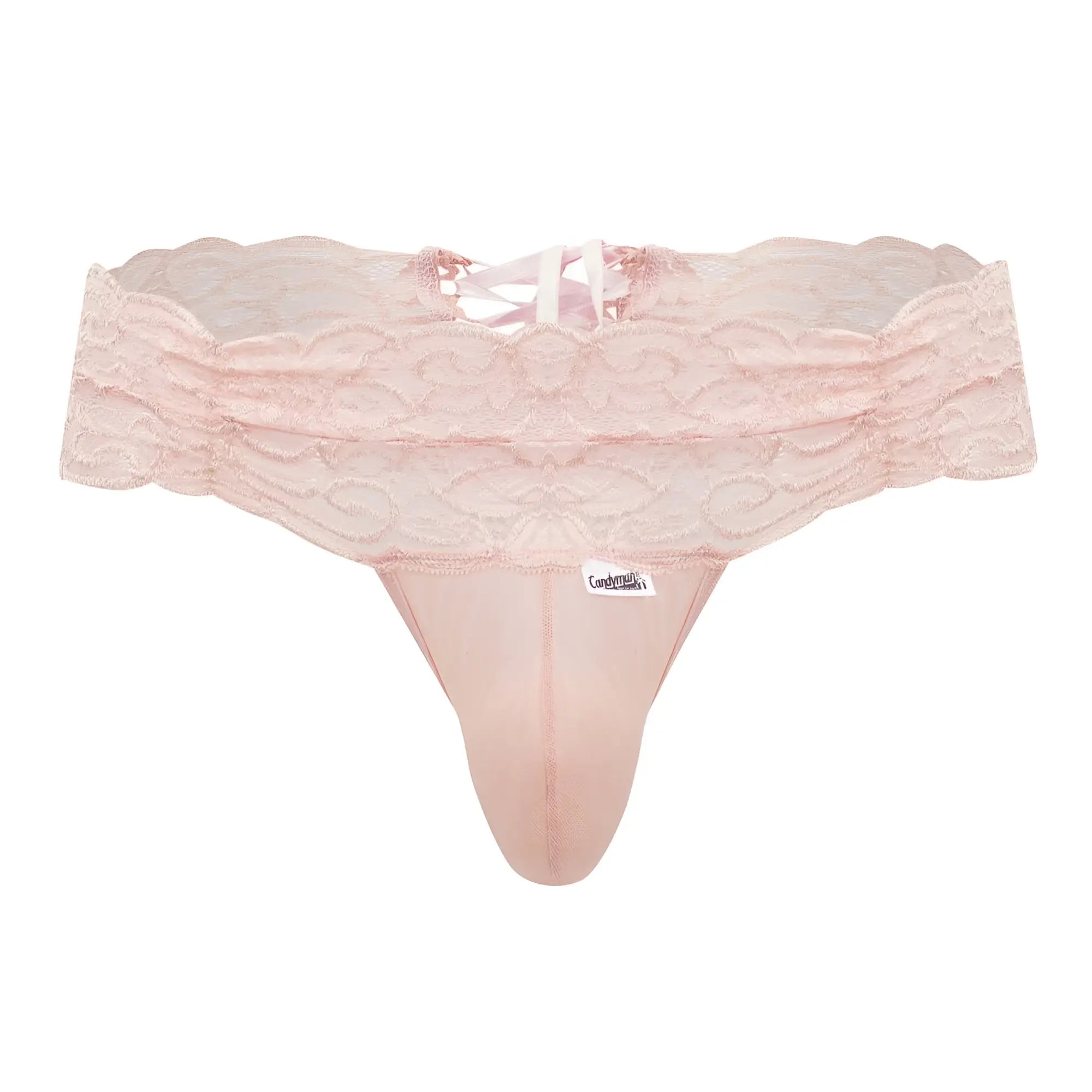Delicate pink lace thong candy man 99595 featuring scalloped edge and matching satinlike fabric in rose color