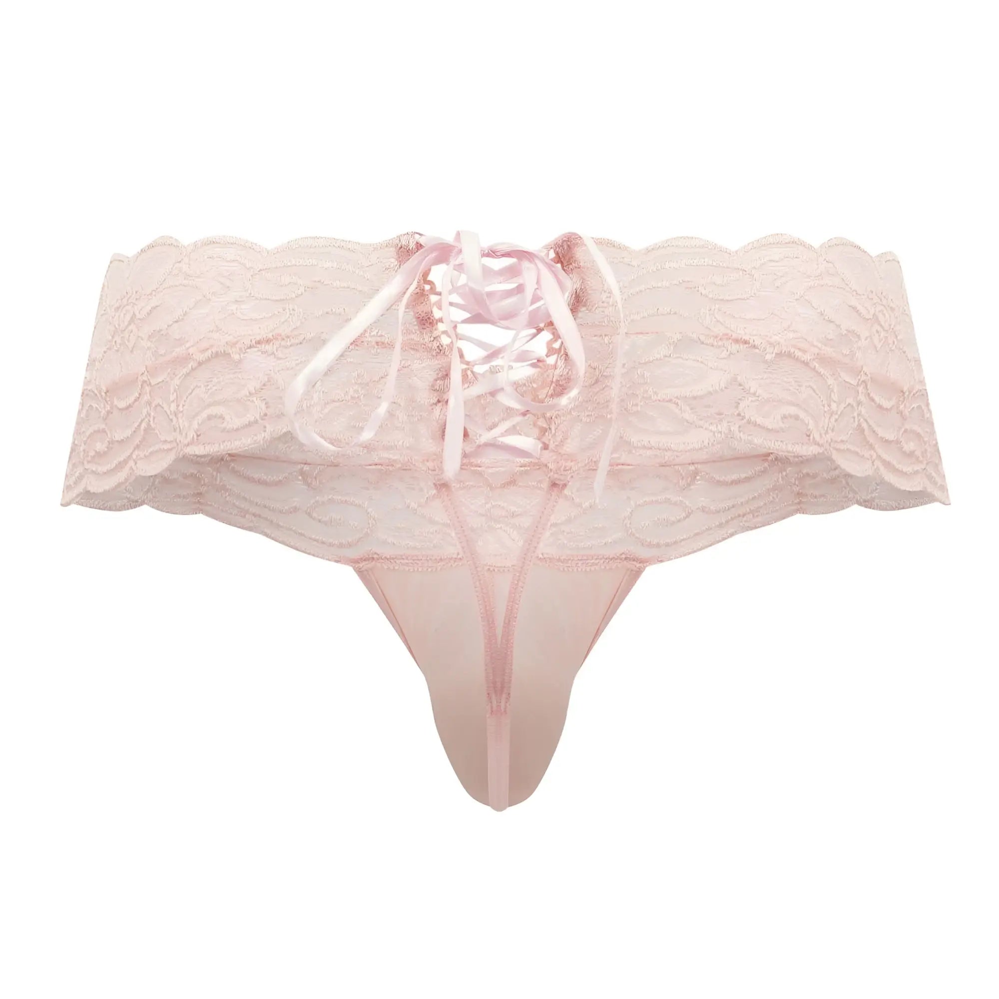 CandyMan 99595 lace thong in rose pink with delicate scalloped lace edges and matching satin ribbon lacing