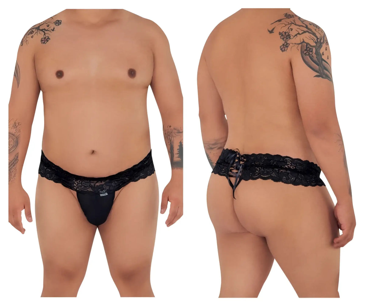 Black lace thong candy man 99595x with scalloped edge and adjustable tie back design in black