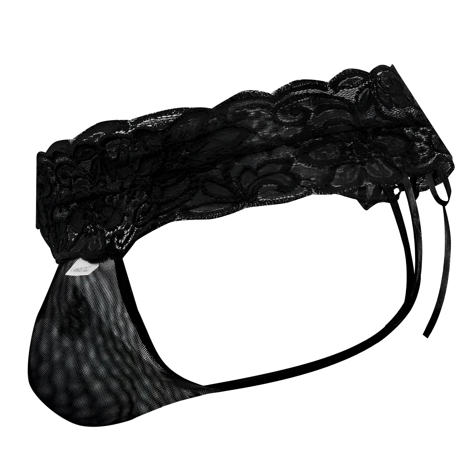 Black CandyMan 99595X lace thong with floral pattern and mesh fabric showing front side of the product