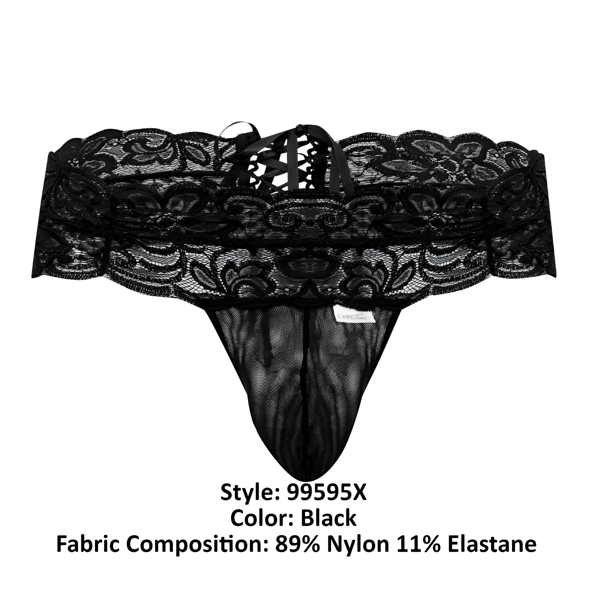Black lace thong candyMan 99595X featuring intricate floral patterns and a mesh front panel in black color