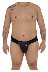 Black lace-trimmed thong with small brand logo front candyMan 99595X lace thongs color black