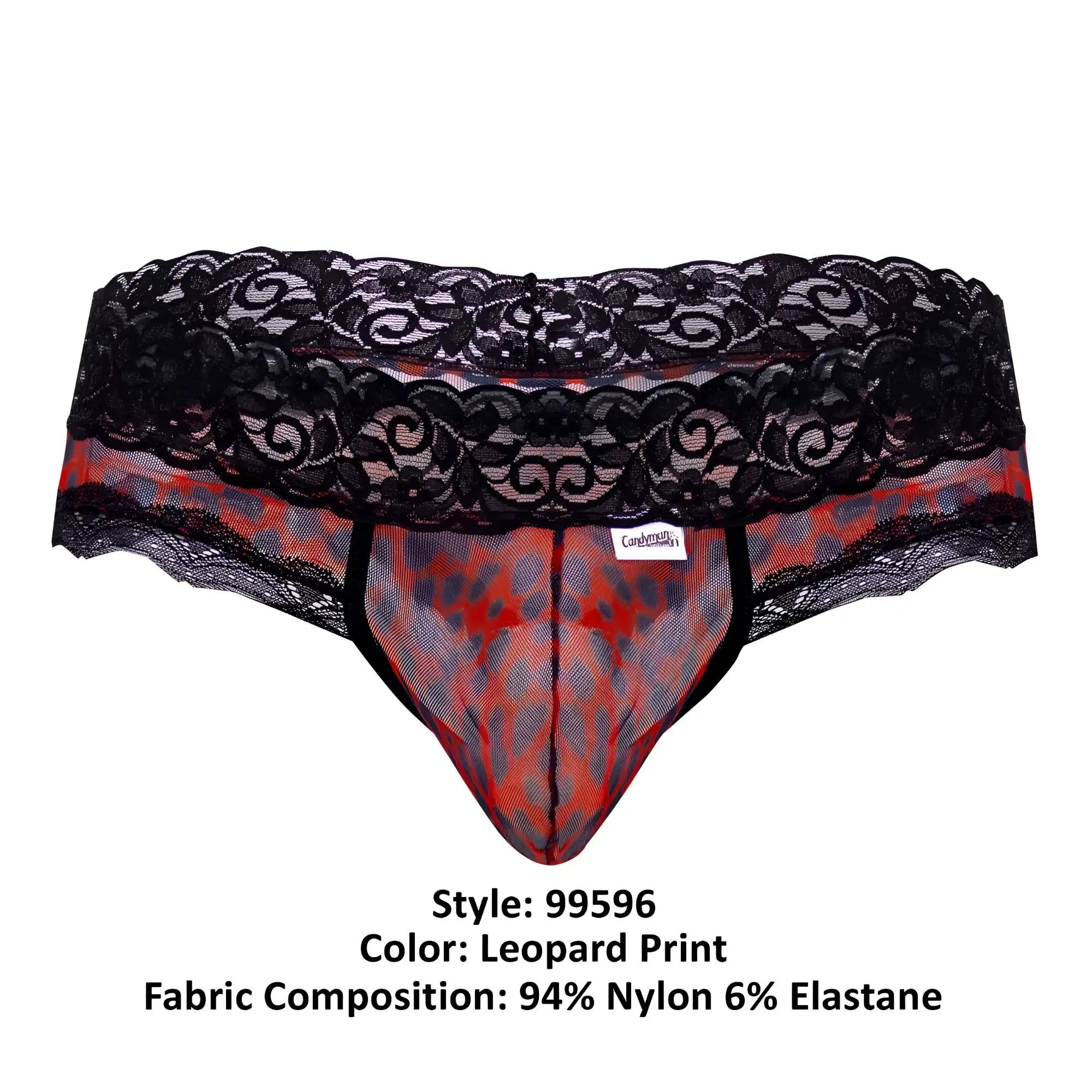 Black lace-trimmed CandyMan 99596 mesh-lace thongs with red and gray leopard print mesh interior for men
