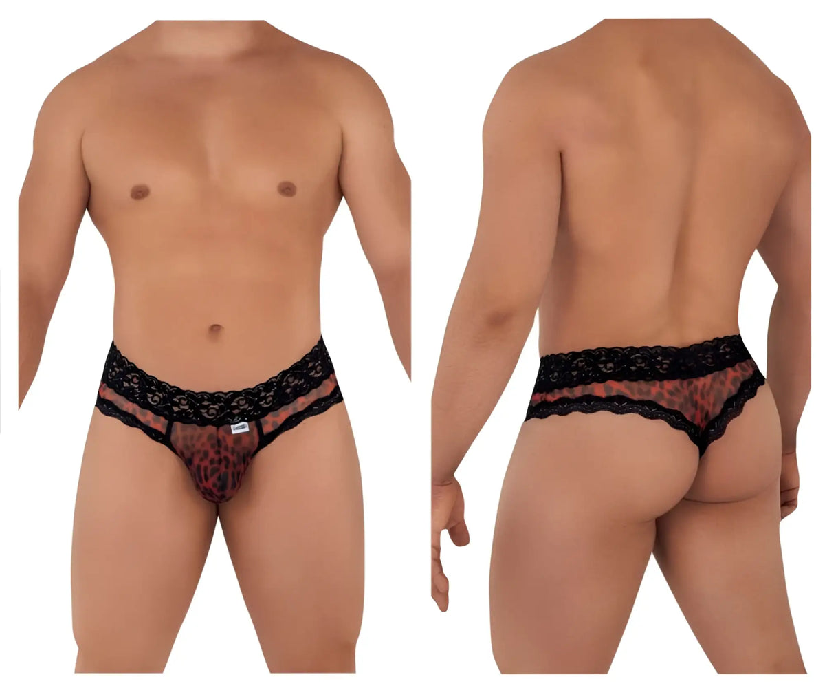 Black lace-trimmed leopard print mesh-lace thong by Candyman showing the front detail