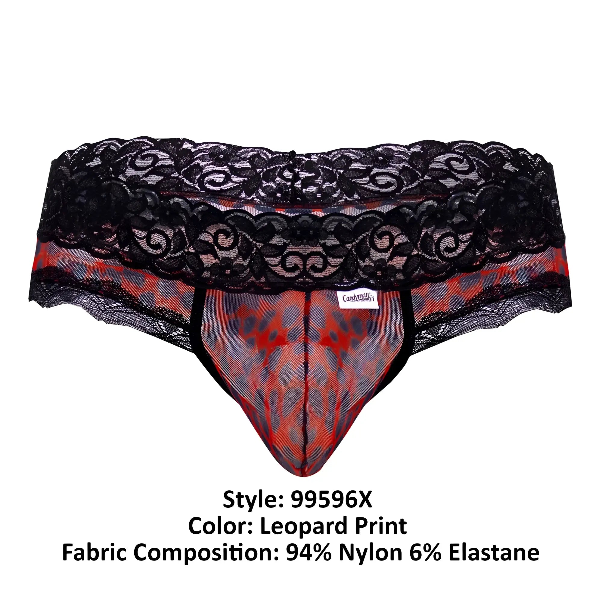 Black lace-trimmed men’s briefs with red and gray leopard print mesh from candyman 99596x collection