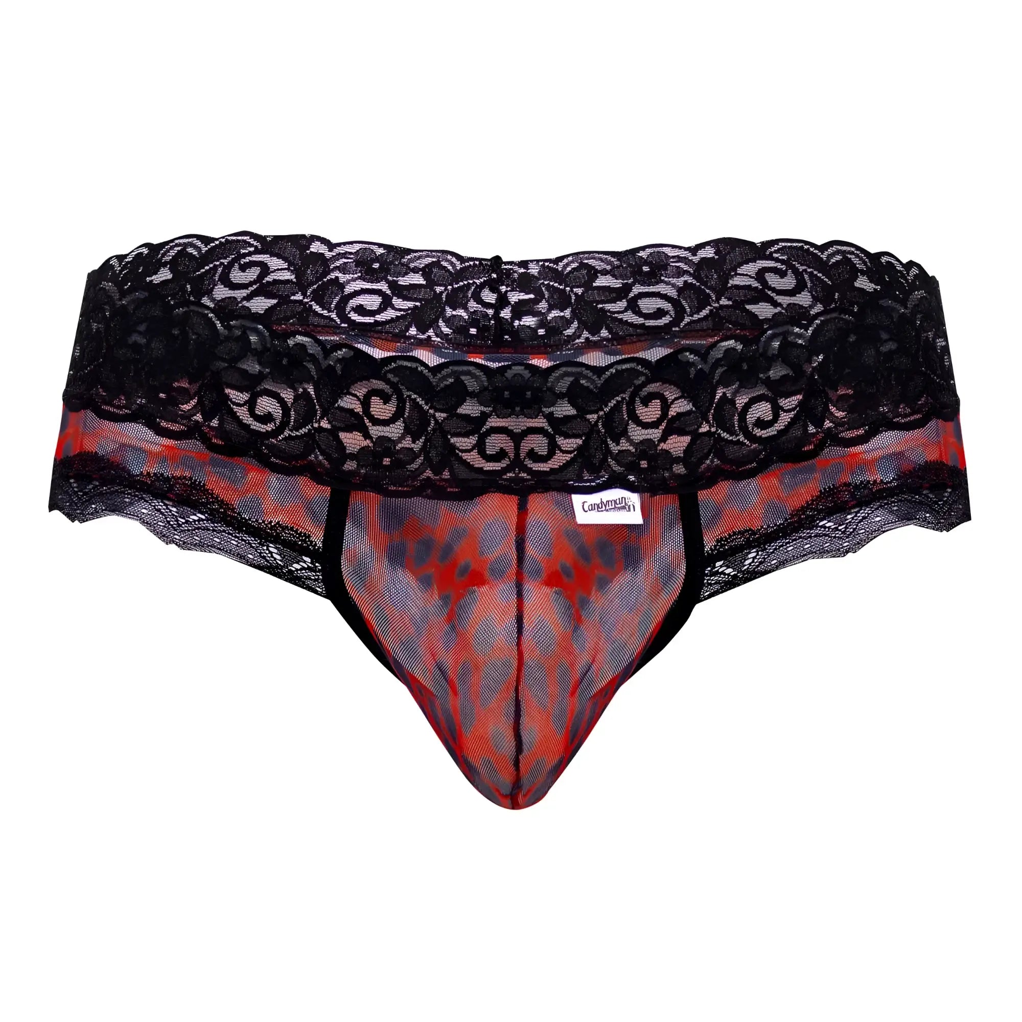 Black lace-trimmed mens thong with sheer red and gray leopard print mesh from candyman 99596x collection
