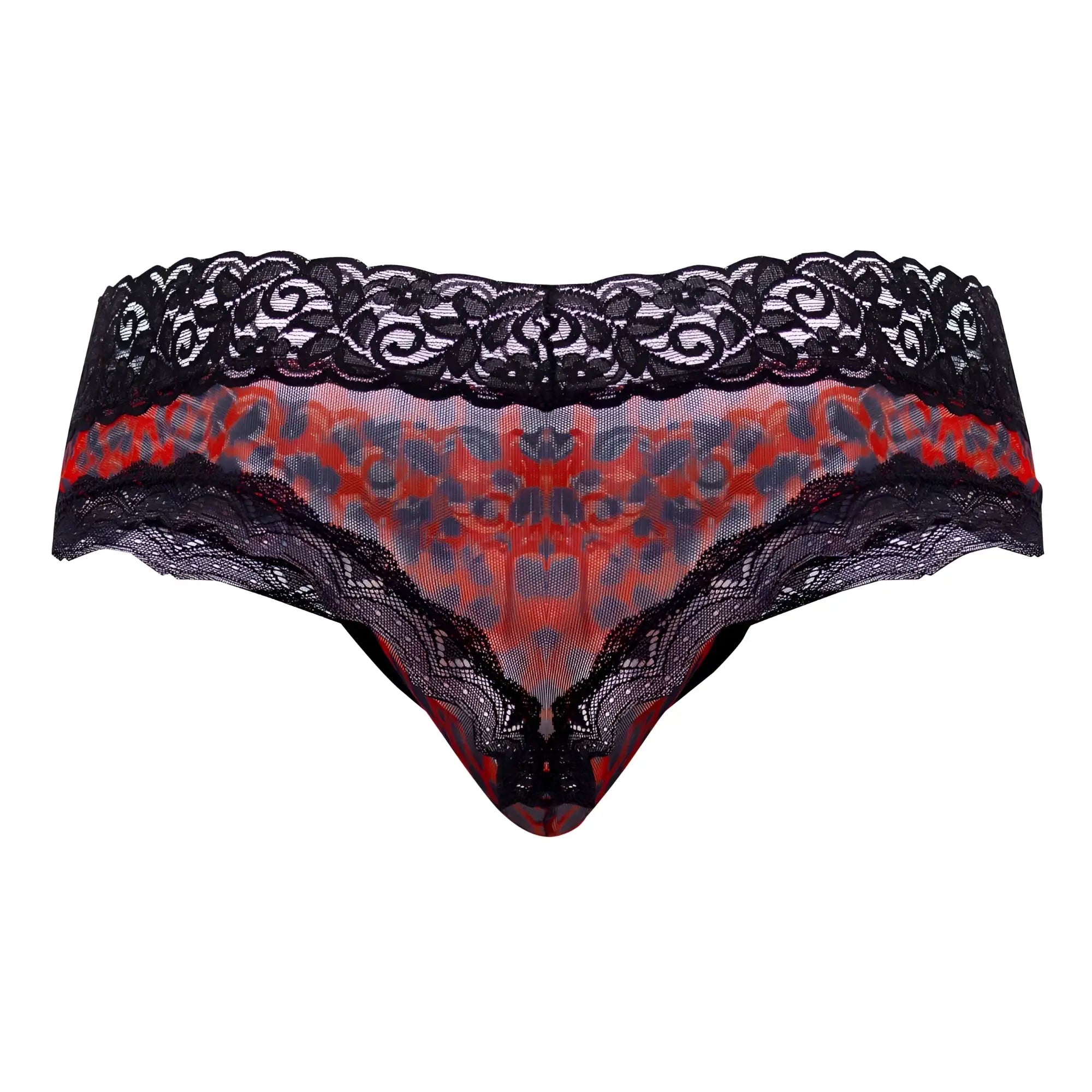 Black lace-trimmed thong with vibrant red and gray leopard print mesh center candyMan 99596X mesh-lace thong