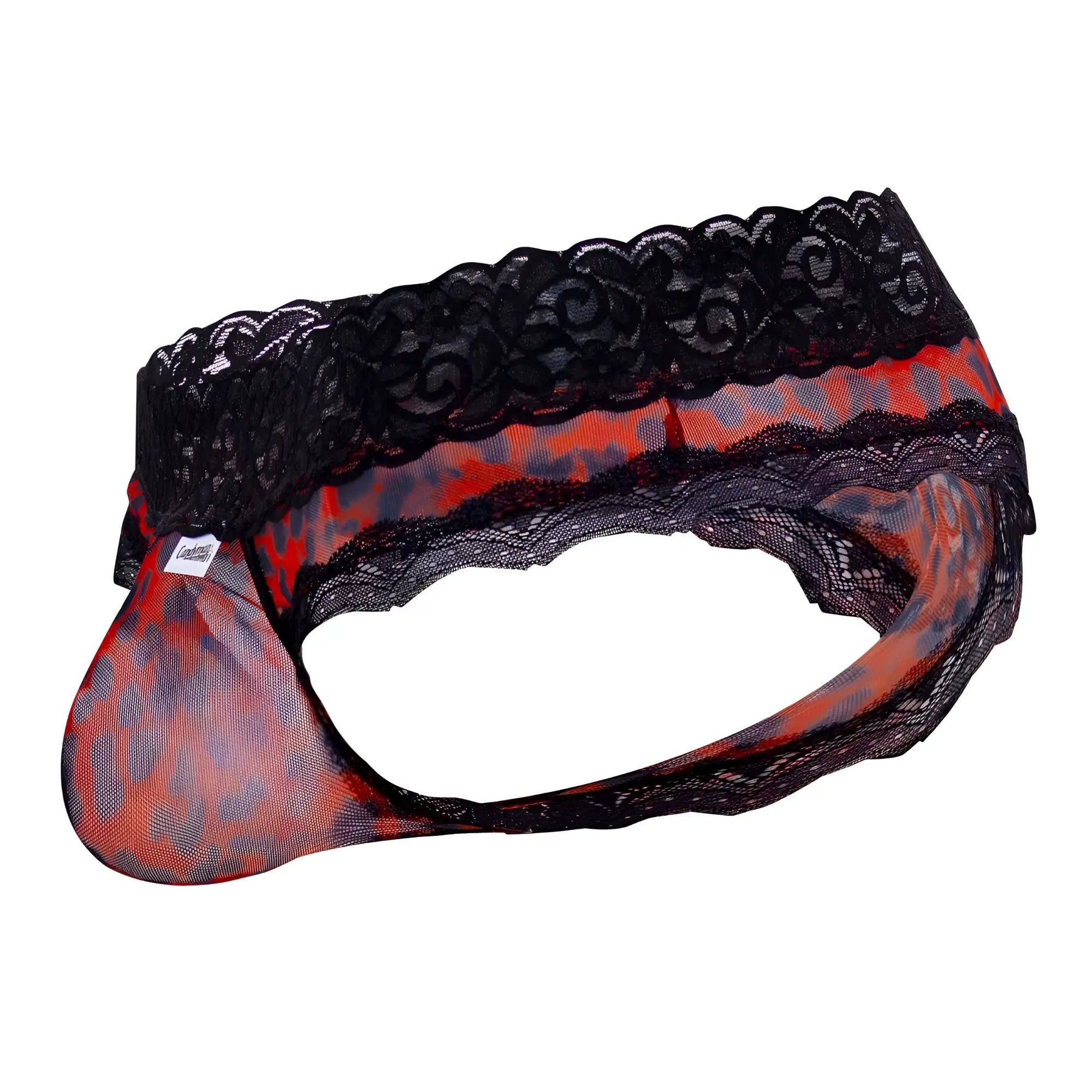 Candyman 99596X red and black leopard print mesh lace thong underwear for men with patterned lace trim